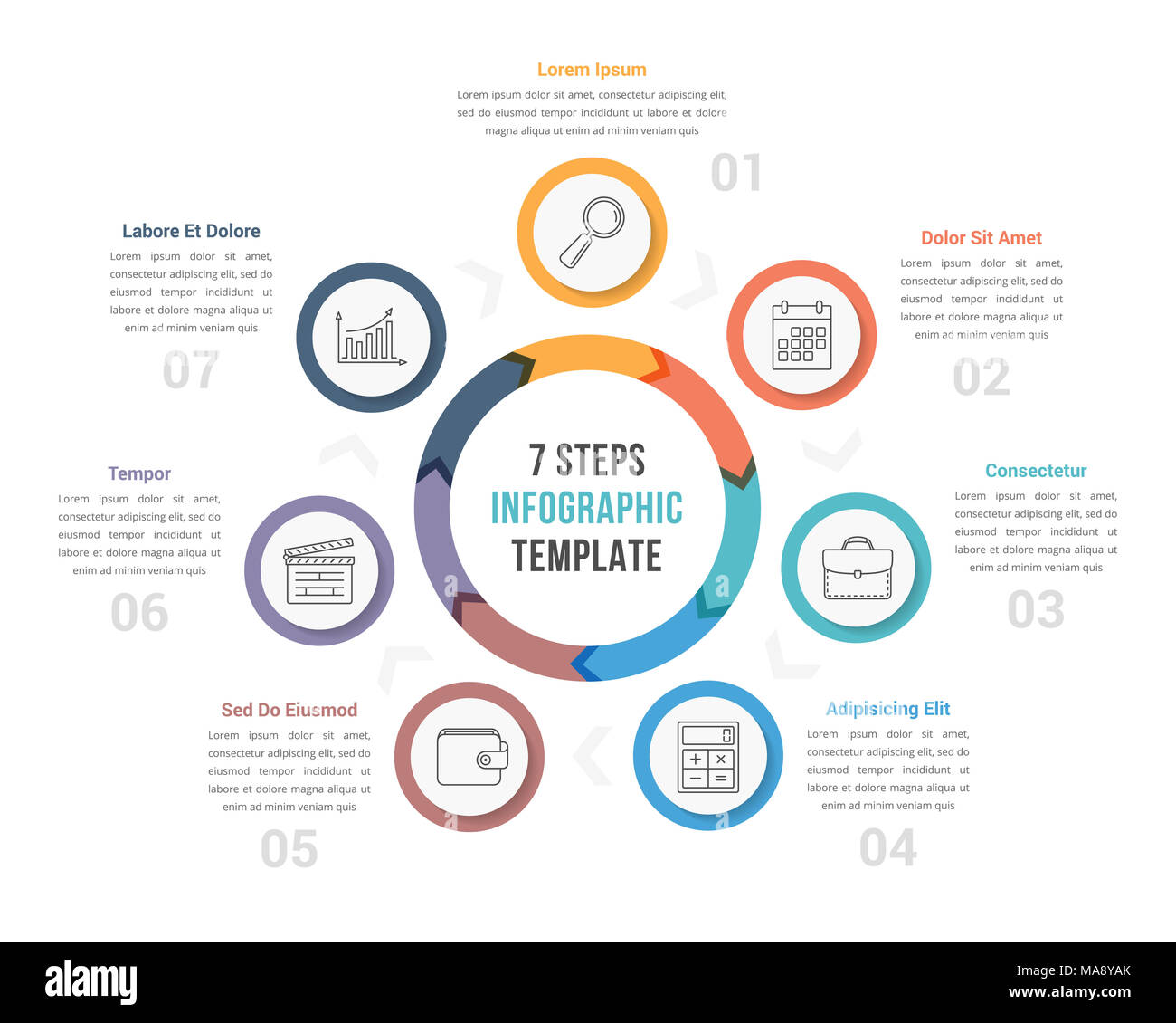 Kreis Diagramm Infografik Vorlage mit Pfeilen mit sieben Schritte, Workflow, Prozess, Vector EPS 10 Abbildung Stockfoto