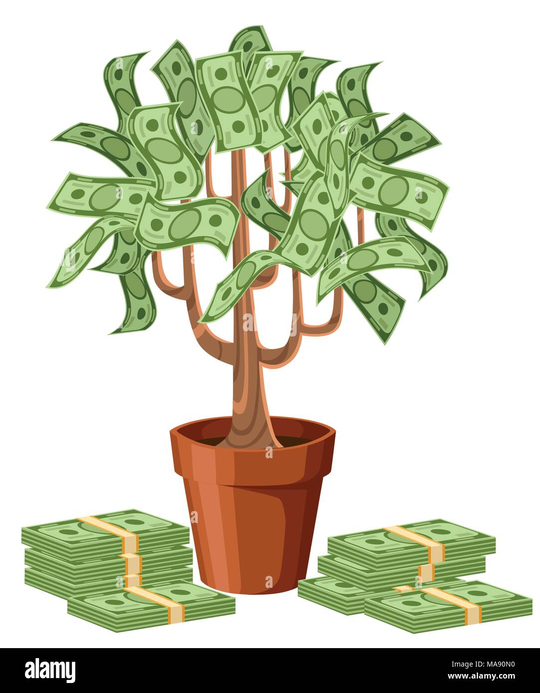 Money Tree. Grüne Bargeld Euro-Banknoten. Baum in einem keramiktopf. Vector Illustration auf weißem Hintergrund. Web site Seite und mobile App Design. Stock Vektor