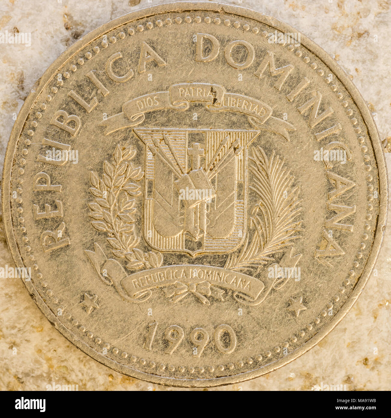 Nahaufnahme des gealterten vintage Münze zeigen feine Details auf Münze Gravuren Stockfoto