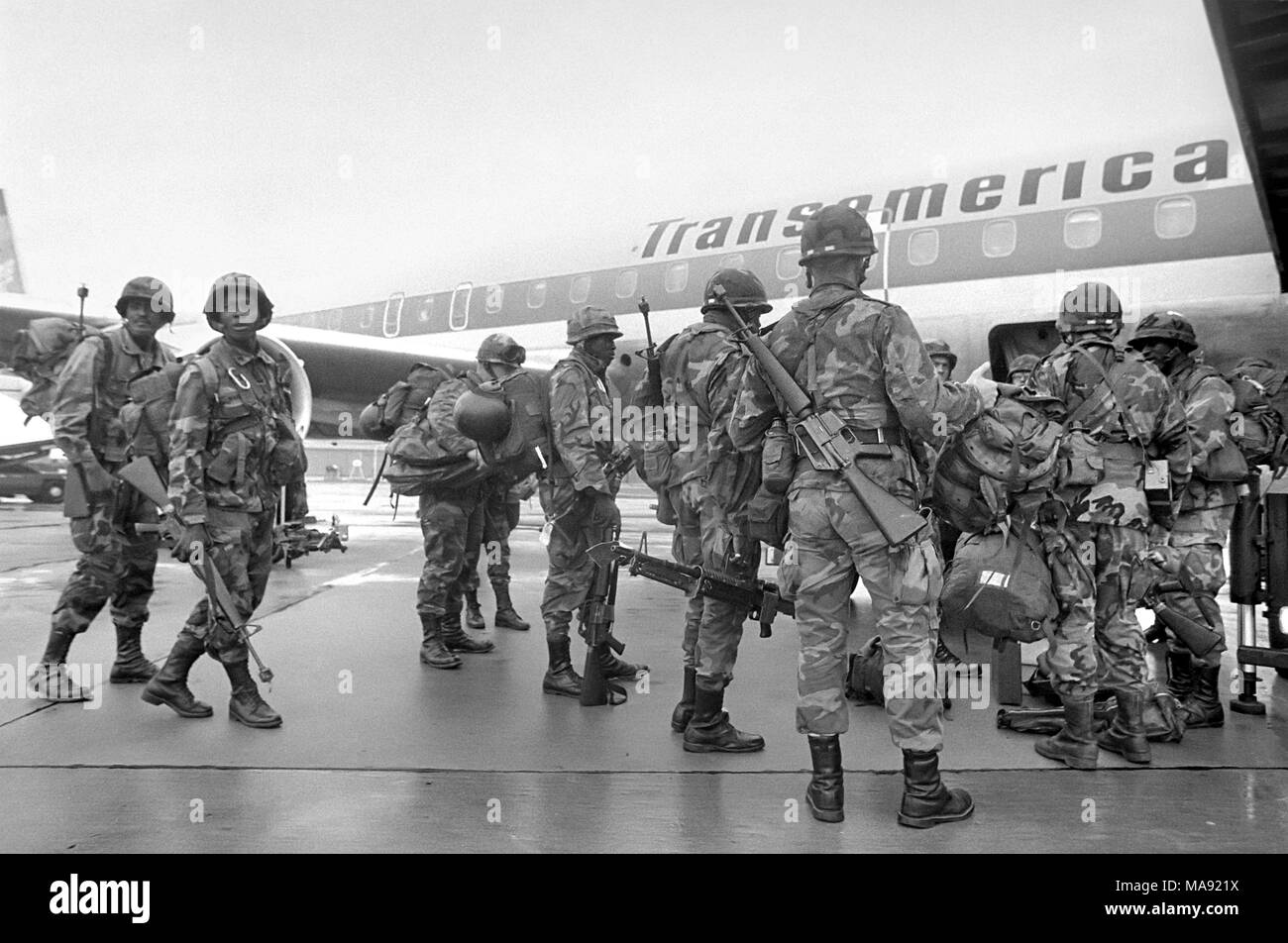 Base der US Air Force in Rhein-Main (Frankfurt, Deutschland), September 1983, die jährliche Übung 'Reforger" (Rückkehr der Kräfte für Deutschland) Zeiten und Wege zu überwachen Verstärkungen direkt aus den USA, um im Falle eines Konflikts zu senden. Stockfoto