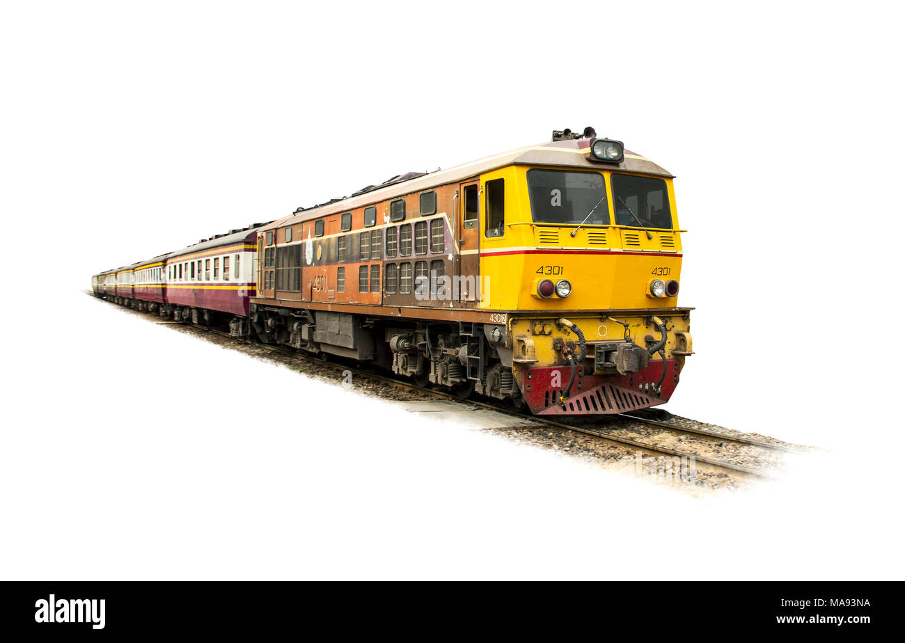 Prozession gelbe Zug durch diesel-elektrische Lokomotive auf den Spuren von Thailand led isoliert auf weißem Hintergrund. Stockfoto