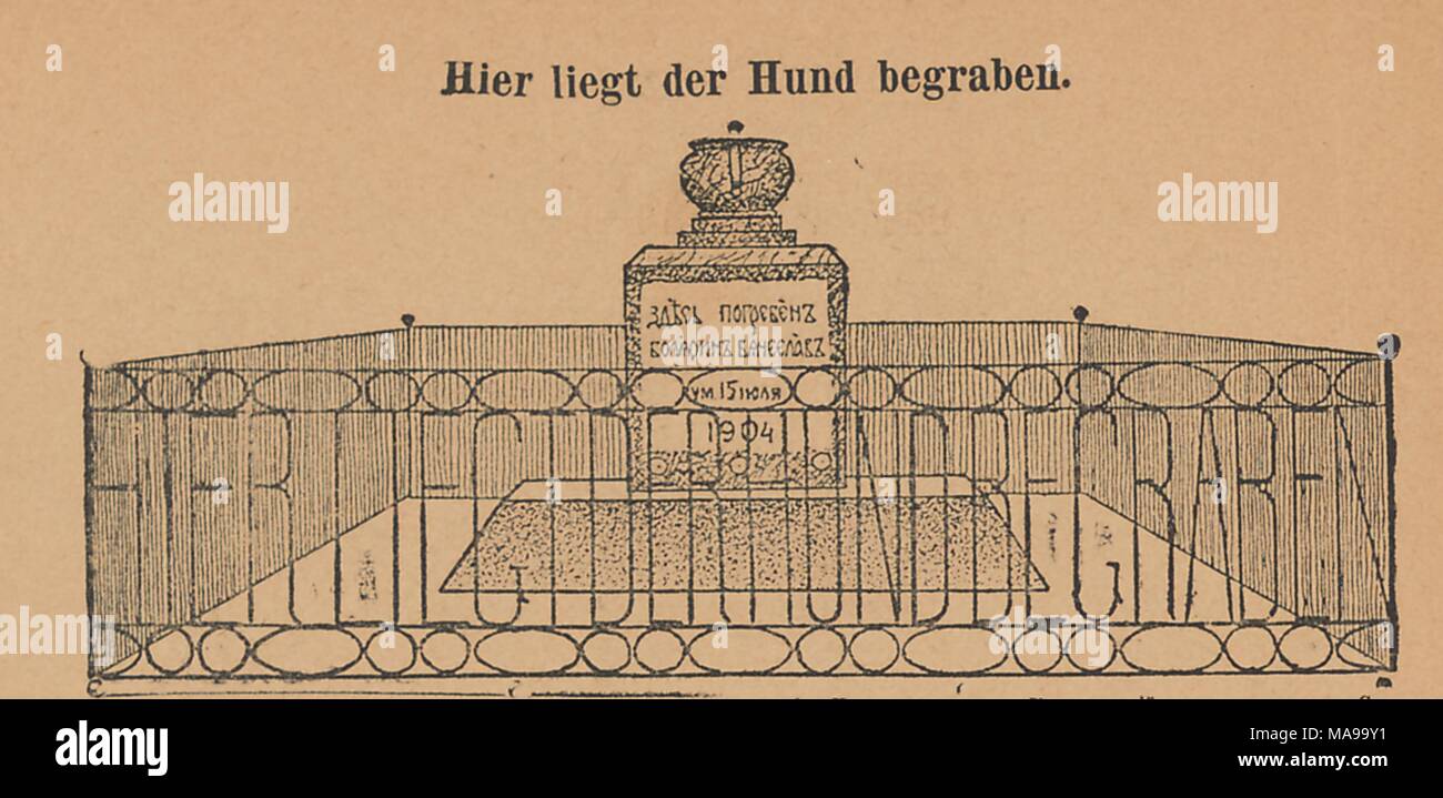 Abbildung: Dramatiker Anton Tschechow's Grab, durch einen eisernen Zaun umgeben stilisierte, einem Deutschen Idiom, aus der satirischen Russische Veröffentlichung zu buchstabieren Signaly (Signale), 1906. () Stockfoto