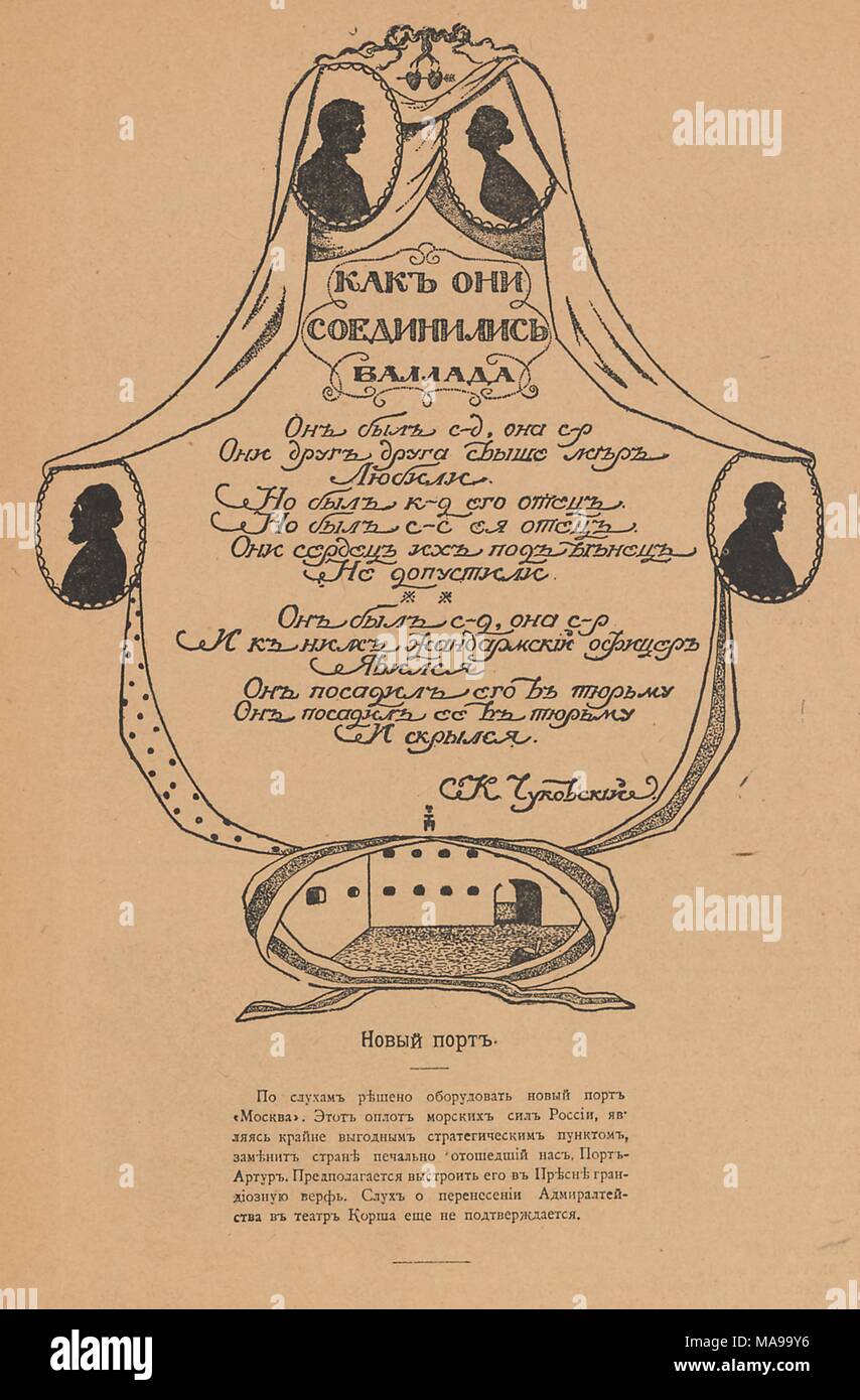 Seite aus der Russischen satirische Veröffentlichung Signaly (Signale) einschließlich stilisiert, kursiver Text und vier silhouette Portraits, 1906. () Stockfoto