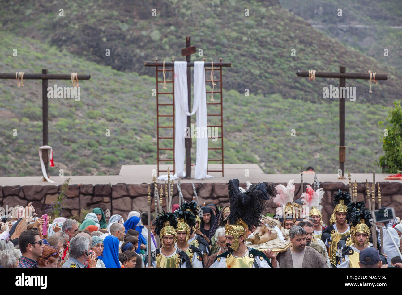 Teneriffa, Spanien, 30. Feb 2018. Leidenschaft für Jesus Christus Leistung, Ostern Tradition, Adeje, Teneriffa, Spanien Stockfoto