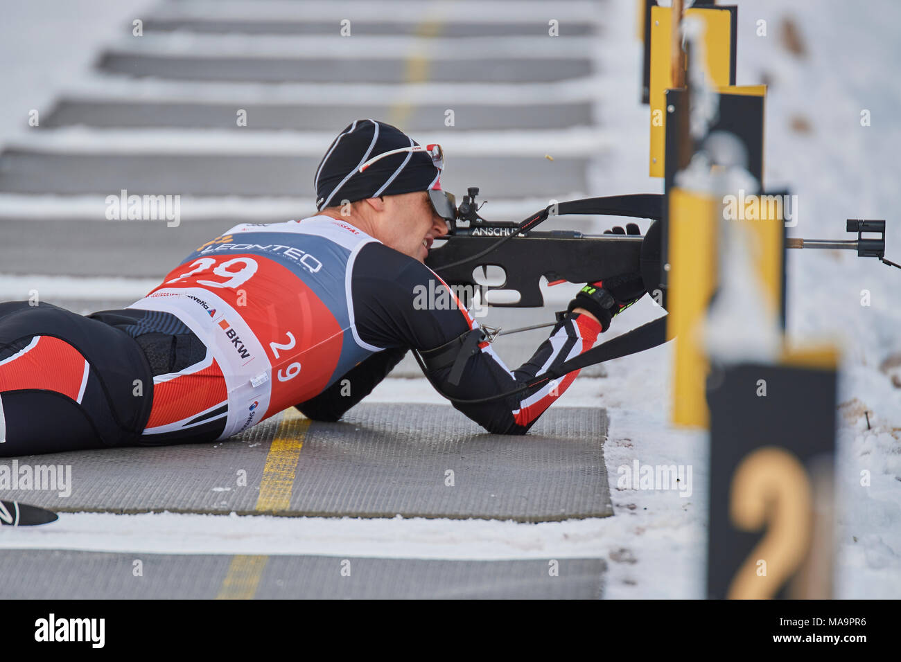 Lenzerheide, Schweiz, 31. März 2018. Thomas Arregger während der Männer Sprint Wettbewerb im Schweizer Biathlon Meisterschaften Stockfoto