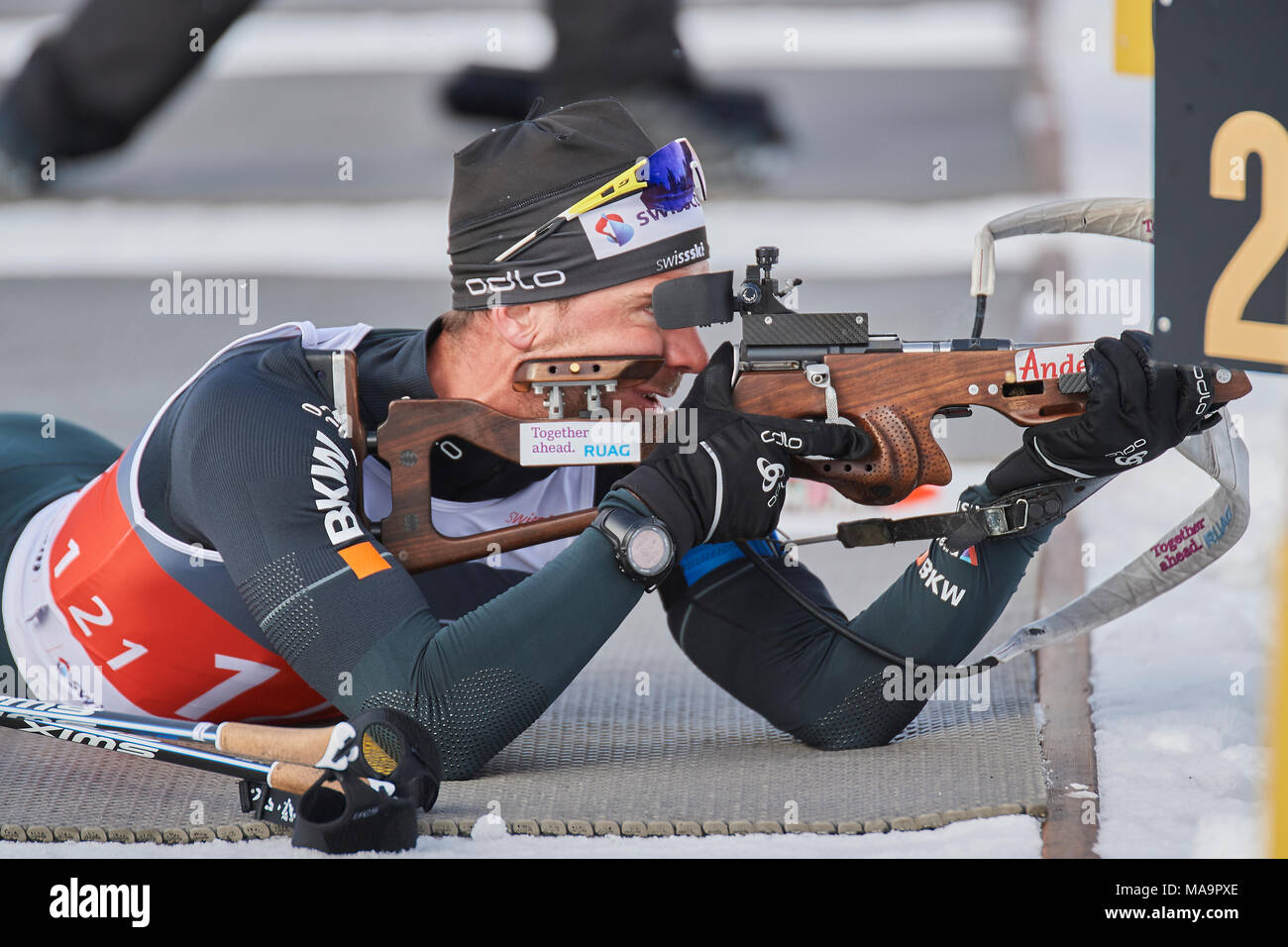 Lenzerheide, Schweiz, 31. März 2018. Martin Jäger während der Männer Sprint Wettbewerb im Schweizer Biathlon Meisterschaften Stockfoto