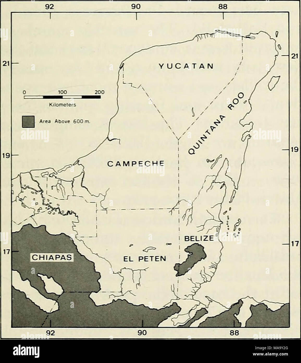 . Eine ecogeographic Analyse Der herpetofauna der Yucatan Halbinsel. Abb. 1.- Karte der Halbinsel Yucatan show-ing politischen Unterteilungen und große topographische Merkmale. steindachplatten von subterranian Kammern, sind wichtige Quellen von frischem Wasser und einem mesophile Flora und Fauna unterstützen. Diese Höhlen und Cenoten haben im Detail von Cole (1910), Hatt et al. untersucht worden. (1953), Mercer (1896), Pearse (1938) und Thompson (1897). Verstreut in der Halbinsel sind Depressionen (aquadas), die mit Wasser während der regnerischen Monate füllen, werden aber häufig trocken zu anderen Zeiten. Ein Gürtel von Seen erstreckt sich Acro Stockfoto