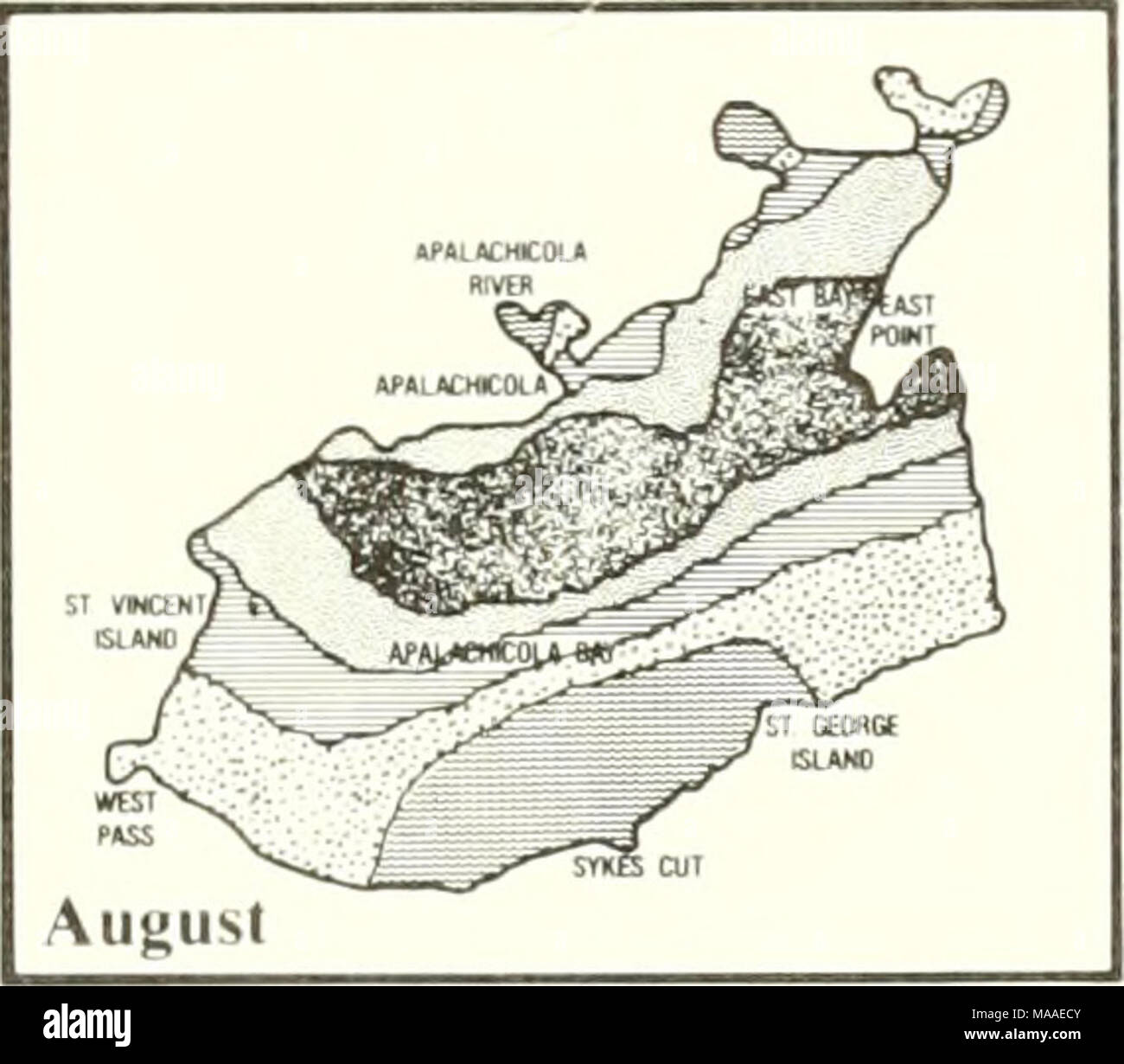 . Die Ökologie der Apalachicola Bay System: ein Ästuar- Profil. w "i*O "A" 1^><,^^ Sl Â" Nt Novem ber^^^^^^^^^^^^ WalacmciaVj APALACMCOm prm -.^^ j '^'^L/â""""/6P4iÂ" d. h | i. uu Wi-^^p*ss^*^E-, ---'^S CUI fvti*^ Dezember lndiMdii; jK pi-r-iMii MJntik-l^u^^ l Tn h Monlli 0,0-2,0 2,0-5,0 5,0-lO.O 10,0 - 15,0 15,0 - 25,0 25,0 -. W.O Abbildung 31. Durchschnittliche monatliche Verteilung der sand Meerforelle (Cynoscion Arenarius) in der Apalachicola Mündung von 1972 bis 1979. 71 Stockfoto