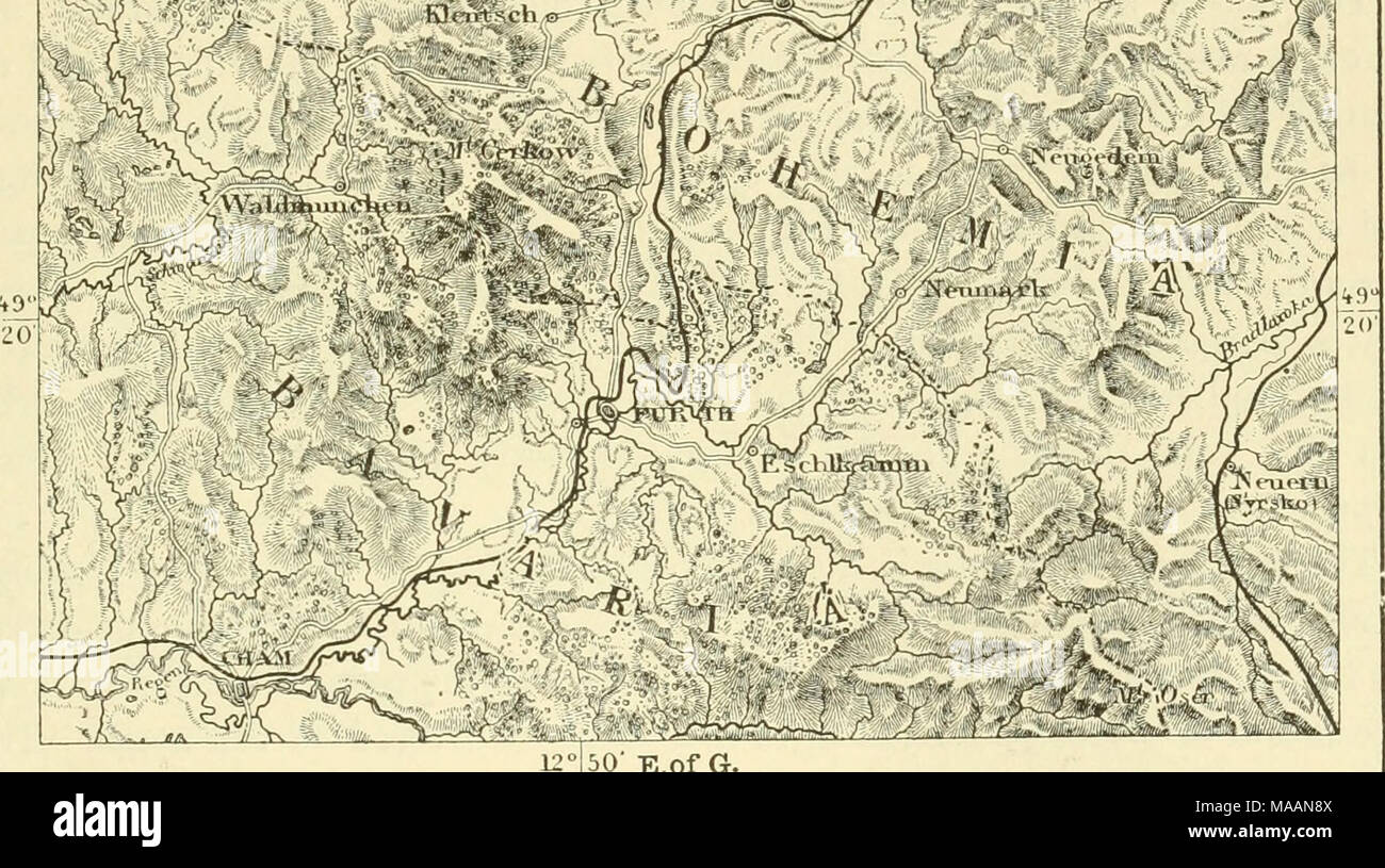 . Die Erde und ihre Bewohner. . 50 Eof G 5 Meilen. Fichtelgebirge, und im Osten, wo es endet, in die grotesk geformte Sandsteinfelsen von "Sächsische Schweiz", am Fuße des fließt die Elbe.* im Westen der tiefen Schlucht heraus geschaufelt an der Elbe auf seinem Weg von Böhmen in Sachsen erhebt sich ein Berg, das ist geologisch ein Anhänger des Erzgebirges. Es beginnt mit dem vulkanischen Spektrum der Lausitz, in der Schiefrige Grat der Jeschhen (Jested, 3.323 Fuß) fortgesetzt. Eine weite Ebene trennt die Jeschken von der dreifachen granitartigen Bereich der Iser Gebirge ( Stockfoto