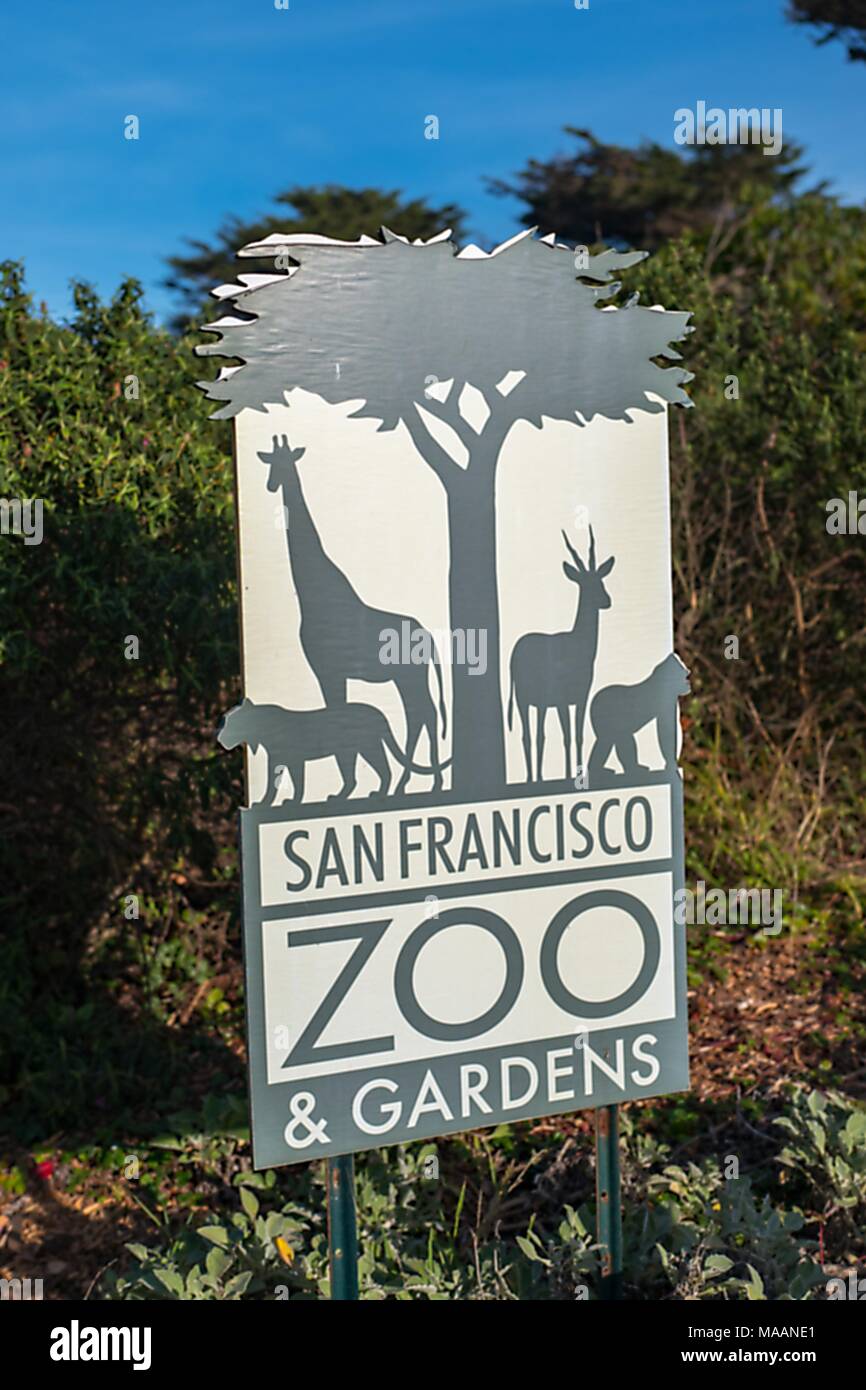 Schild mit Logo außerhalb des San Francisco Zoo, San Francisco, Kalifornien, USA, 31. Januar 2018. () Stockfoto