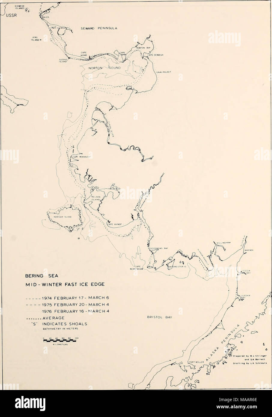 . Die östliche Beringmeer Regal: Ozeanographie und Ressourcen/bearbeitet von Donald W. Haube und John A. Calder. Beringmeer MITTE WINTER SCHNELL EIS EDGE 1974 17. Februar - 6. März 1975 20. Februar - 4. März 1976 16. Februar - 4. März - X... Durchschnittliche "S" zeigt an UNTIEFEN BATHYMET Abbildung 11-4. Karte mit der Lage der Bering Meer schnell Eiskante während der wintersonnenwende für 1974, 1975 und 1976. 173 Stockfoto