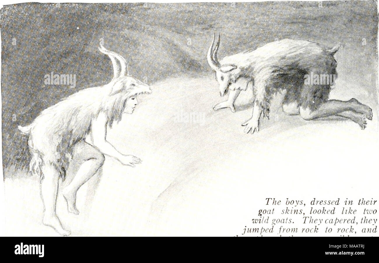 . Anfang der Hirten. Die Jungen, die in ihrer Ziege Felle gekleidet, sah wie zwei wilde Ziegen. Sie capered, sprangen sie von Fels zu Fels, und sie spielten sie wilde Ziegen waren die Kinder immer und immer wieder versucht, aber sie hatten viele ein Wäschetrockner. Und damit die Kinder mit den Ziegen gespielt, während die Männer gefangen Wölfe und Bären. Sie lernten viele gute Erfahrungen beim Spielen mit ihrer Hälfte - wilde Tiere. Dinge zu tun, was Tier Spiele kennen Sie? Bis zu machen. Teil dieser Geschichte dramatisieren. Veranschaulichen eine dieser Zeilen: "Die Jungen, die in ihrer Ziege gekleidet - Skins, sah wie zwei wilde Ziegen." "Th Stockfoto