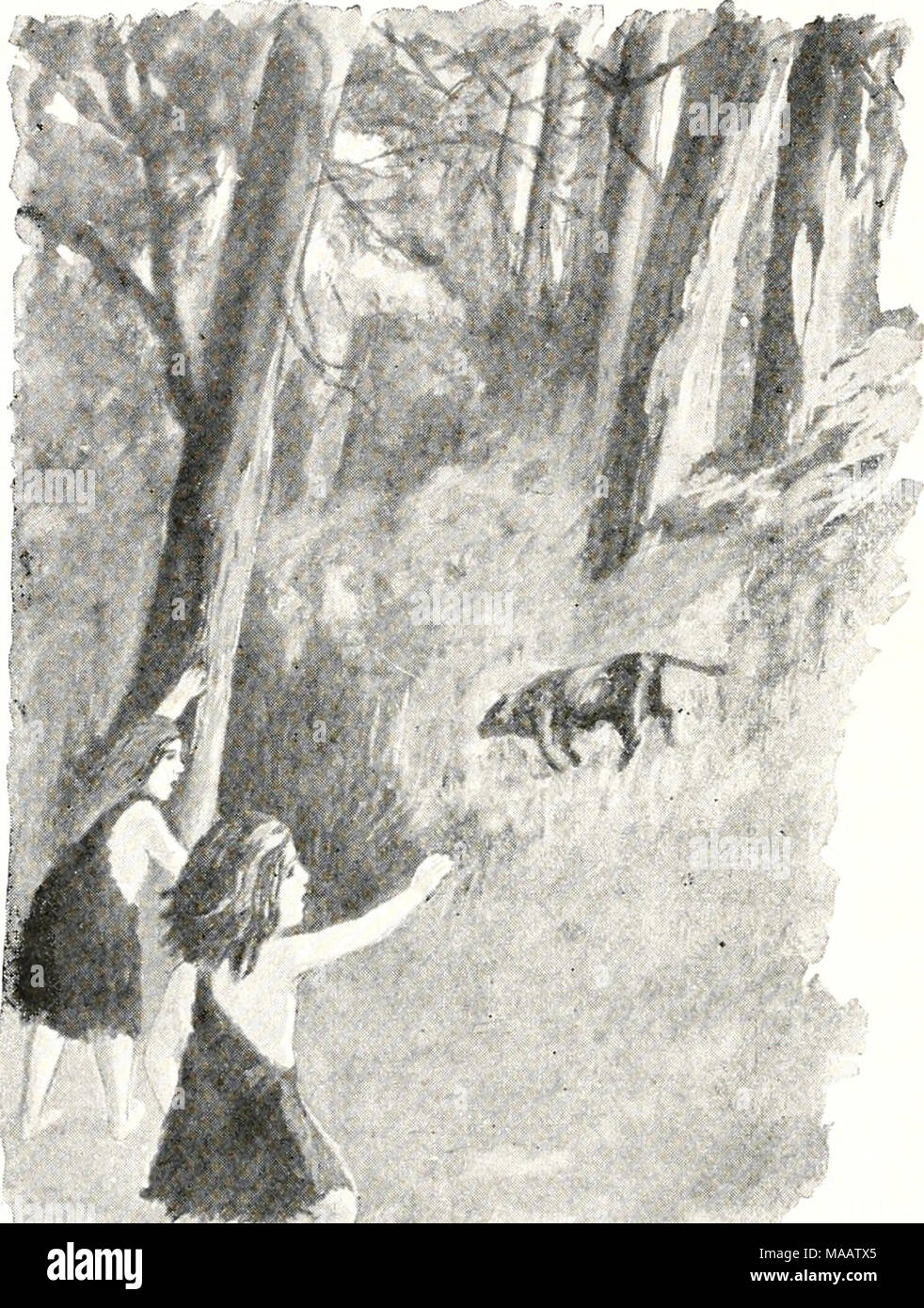 . Anfang der Hirten. "Sehen Sie, wie Sie die Getränke!'' sagte Drag-a-Laden. "Sie kein Wasser für die Tage gehabt hat." Wenn die Kuh das Wasser sie ihre großen Augen drehte sich zu ziehen Trank-a-Laden, als wenn um mehr zu bitten. So Drag-a-Laden brachte sie mehr Wasser, und die Kuh trank jeder Tropfen. "Sie will mich bedanken", sagte Drag-a-laden, wenn die stummen Kreatur mit ihren großen wehmütigen Augen sah. "Die Kuh", sagte Halteband-peg. '' Dann wird Sie freundlich zu Ihnen sein." "Diese Rübe, Kuh," sagte Root-Digger. Die hungrigen Wesen aßen die Rübe, und wieder sah sie ihr Dank. &Quo Stockfoto