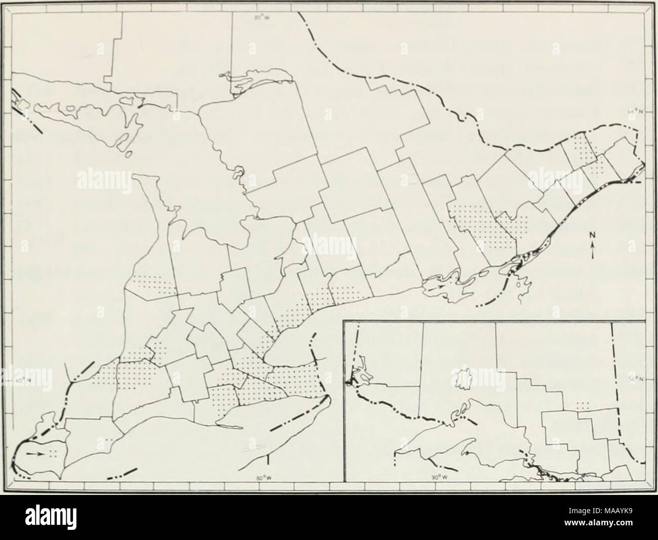 . Die Regenwürmer (lumbricidae und sparganophilidae) von Ontario. Abb. 27 Die bekannte Ontario Verteilung der Eiseniella leiraedra. BRUCE CO.* Hwy 4. 6.77 Km s von Teeswater. Unter anmelden. 5. Mai 72, JWR, 0-1-0. "Highway 21. 6.94 Km n von Kincardine, unter Anmelden, 5. Mai 72, Jwr. 0-0-1. COCHRANE DIST. Reynolds (1972 a). DUR-SCHINKEN CO. Kendal, Kälte schnell Stream, 31. Mai 66, IMS, 4-4-7, ROM-I1. ESSEX CO.* Hwy 3, Ruth - ven, n. e., nasse Graben, neben Eisenbahnschienen, 4. Mai 72, Jwr. 0-0-2. FRONTENAC CO." Highway 15, 4.03 km n von Hwy 401, unter Papier in feuchten Graben, 16. Mai 72. JWR, 1-0-1. "Highway 41, 1,29 km n von Cloyne, Stockfoto