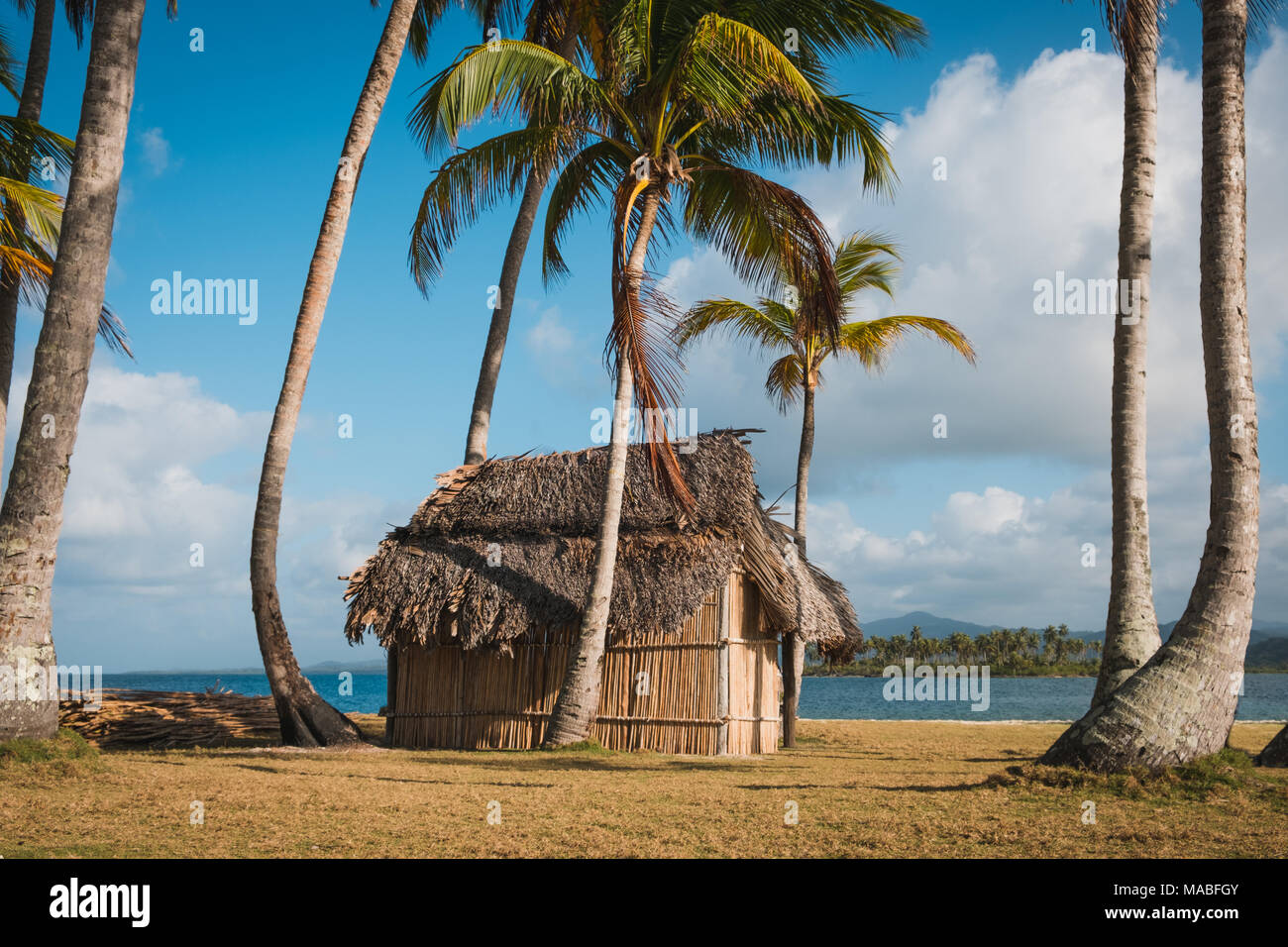 Beach House, Bungalow mit Strohdach auf Palm Tree Island Stockfoto