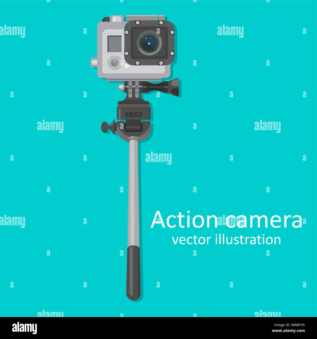 Realistische Symbol der Kamera mit einem Stick für selfie für Video- und Fotografieren. Ein Vektor Illustration im flachen Stil. Stock Vektor