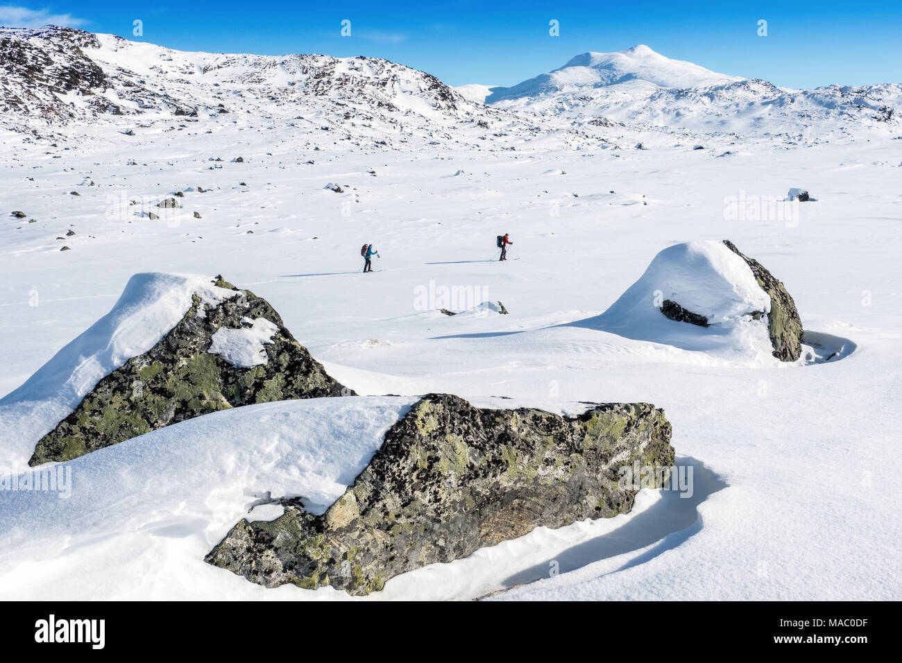 Langläufer im Winter Landschaft im Norden Schwedens mit den Bergen von Kebnekaise in distnace Stockfoto