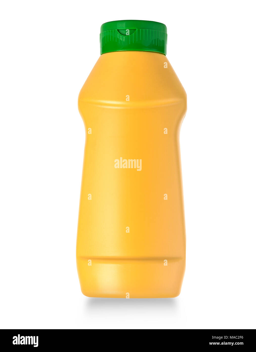 Gelb Kunststoff Senf Flasche mit Freistellungspfad isoliert auf weißem Hintergrund. Stockfoto