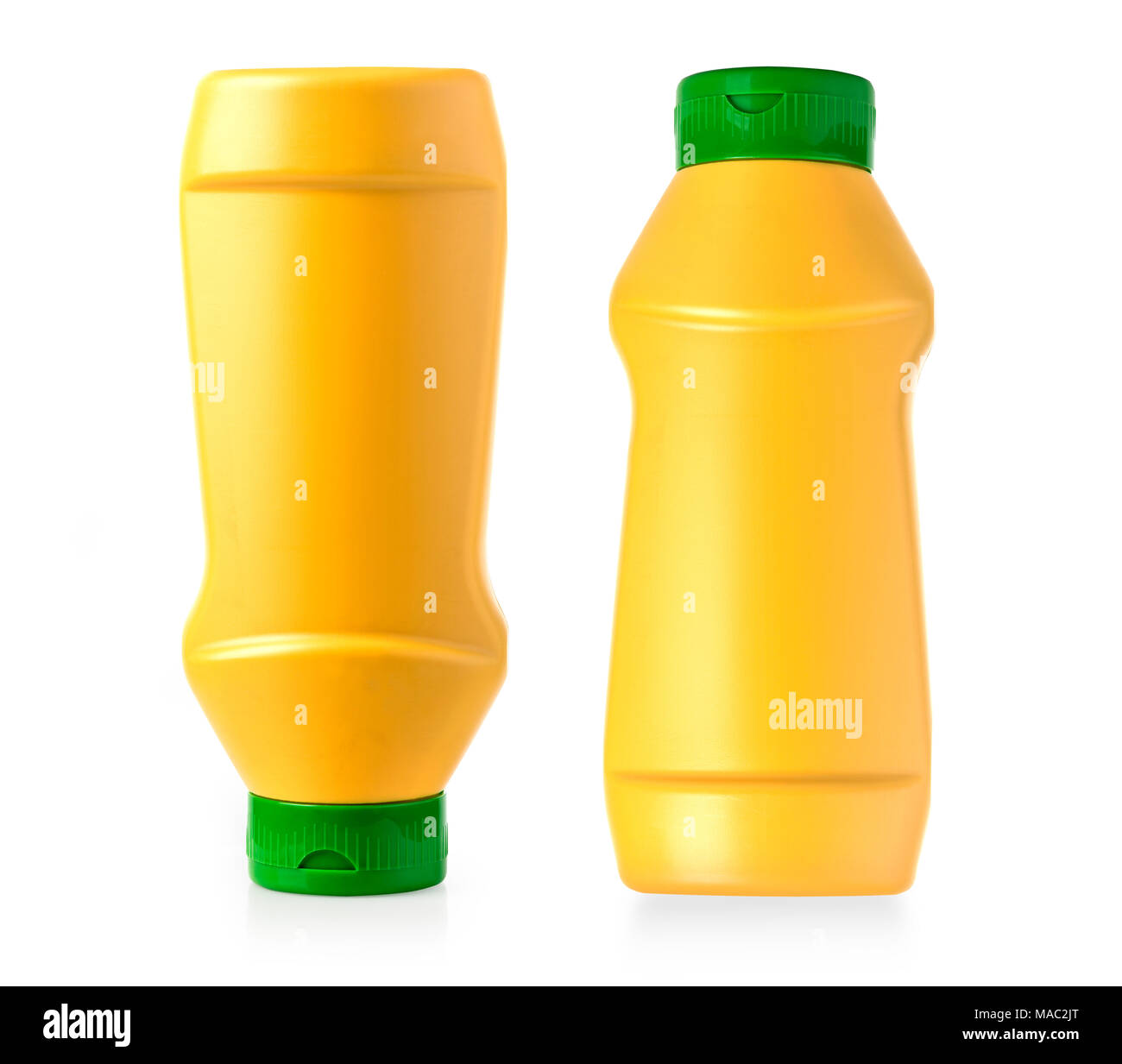 Gelb Kunststoff Senf Flasche isoliert auf weißem Hintergrund. Stockfoto