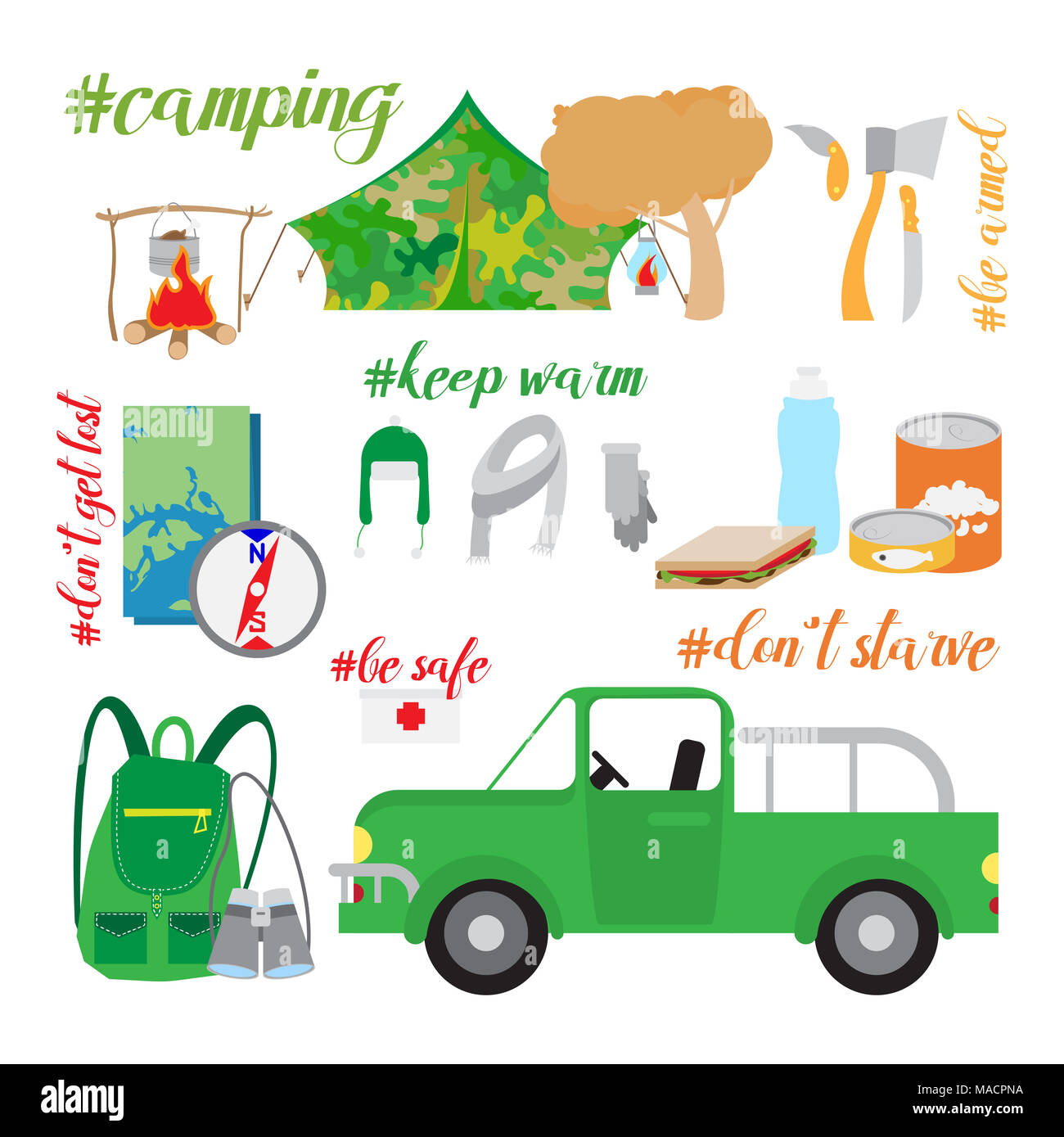 Tourismus und Camping icons detaillierte Vektor einrichten Stockfoto