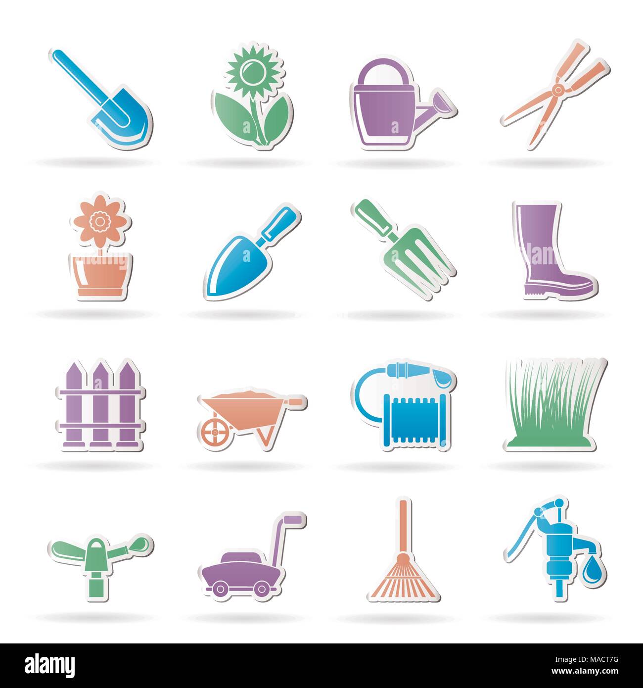 Garten und im Garten arbeitende Werkzeuge und Objekte, Symbole Vektor
