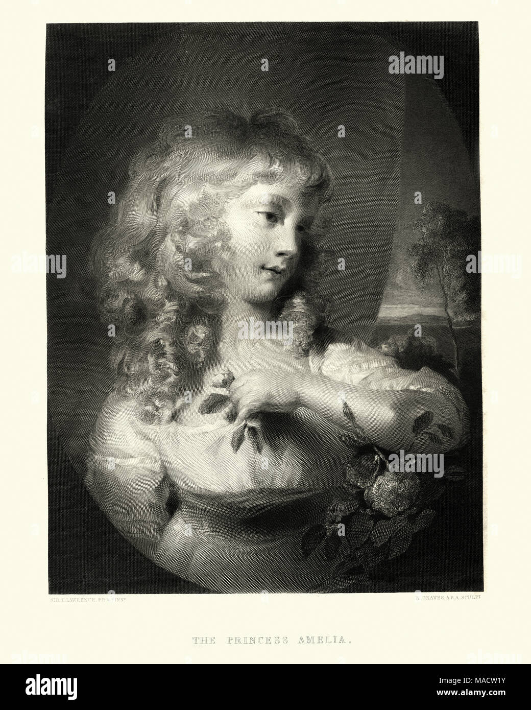 Vintage Gravur von Prinzessin Amelia des Vereinigten Königreichs (1783-1810), das jüngste Kind von König Georg III. Stockfoto