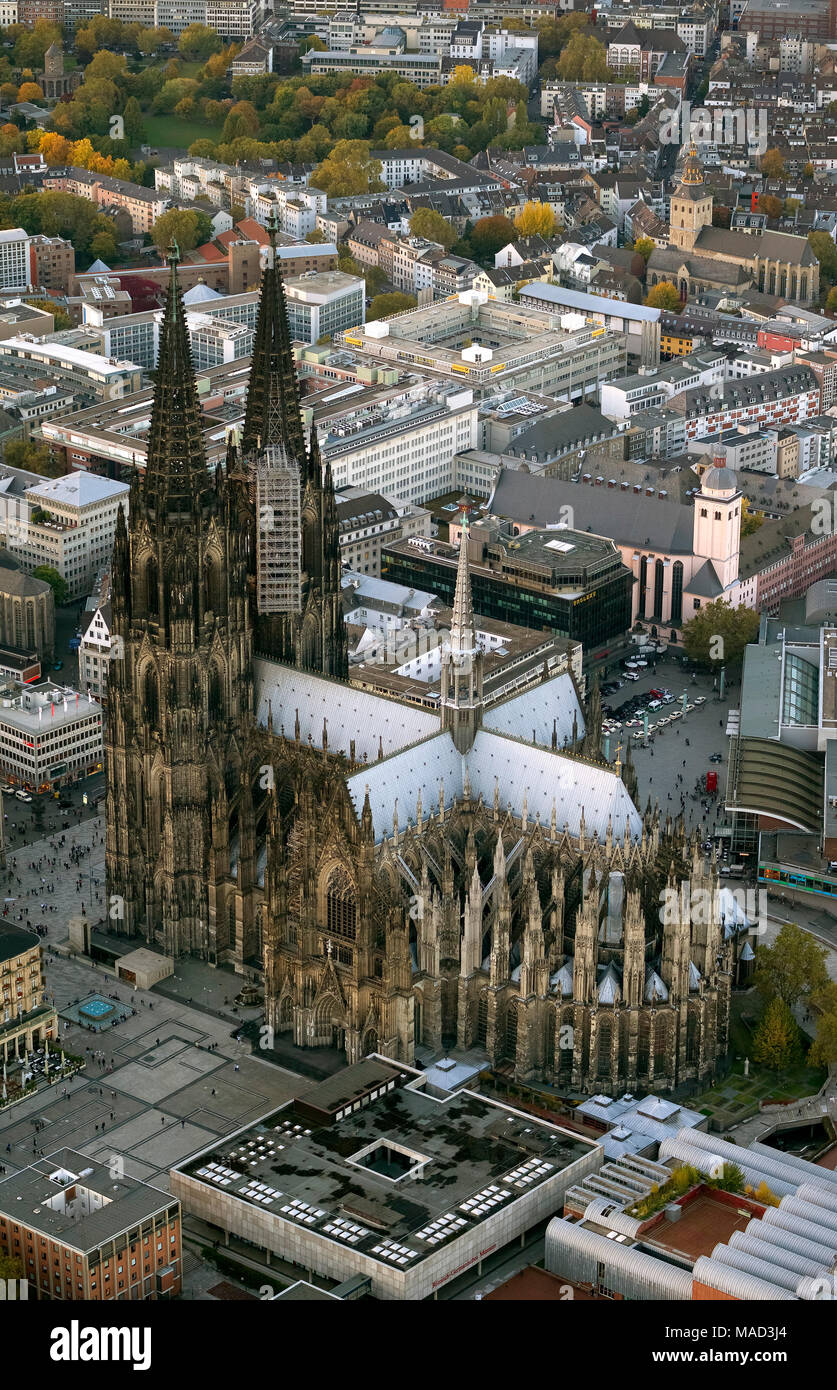 Luftaufnahme, der Kölner Dom, der Dom St. Peter, Weltkulturerbe der UNESCO, die Kathedrale des Erzbistums Köln, Domplatte, Gothic, Neugoth Stockfoto