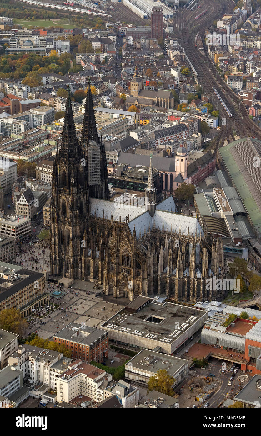 Luftaufnahme, der Kölner Dom, Dom St. Peter, Weltkulturerbe der UNESCO, die Kathedrale des Erzbistums Köln, Dome, Gothic, Neo-Go Stockfoto