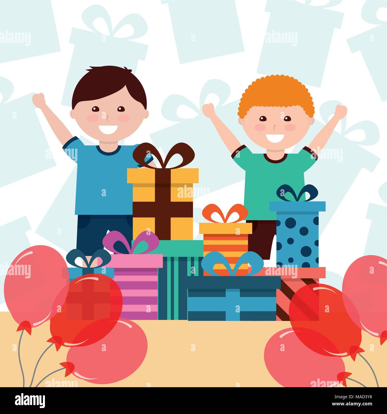 Kleine Jungen Lustig Gestapelt Geschenke Und Ballons Deko Kids Alles Gute Zum Geburtstag Stock Vektorgrafik Alamy