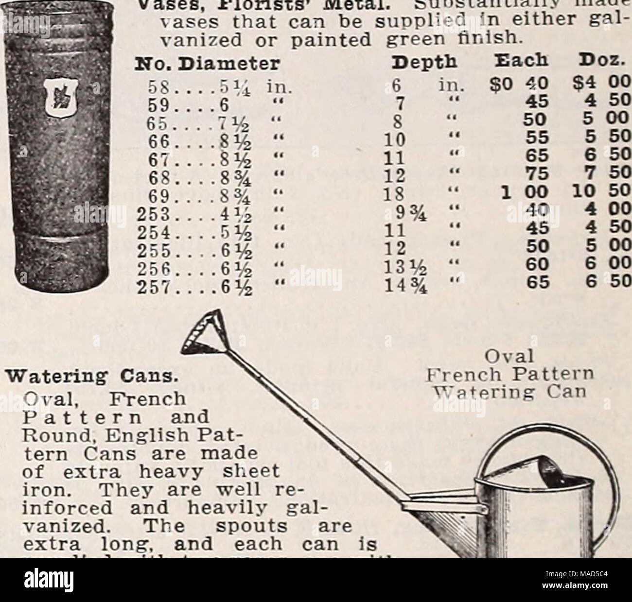 . Dreer der Großhandel Katalog für Floristen: Winter Frühling Sommer 1937. Gießkannen. Oval, französische Muster und Runden, Englisch Pat-tern Dosen sind aus extra starkem Eisenblech gefertigt. Sie sind gut verstärkt und stark Gal-vanized. Die Tüllen sind extra lang, und jeder kann mit zwei Rosen, eine mit Grob- und den anderen feinen Perfora- geliefert. Bewässerung - Dosen 6 S 10 12 16 qt Qt qt qt Qt. Ziight gebunden $ 0 80 85 90 1 05 1 35 Englisch gebunden Französische Oval Muster $ 4 75 5 25 5 75 6 25 6 50 Muster $ 5 00 5 50 6 00 6 50 7 00 Das Licht runden Dosen haben kurze Ausläufe und aber eine Rose, nachdem dies grob Stockfoto