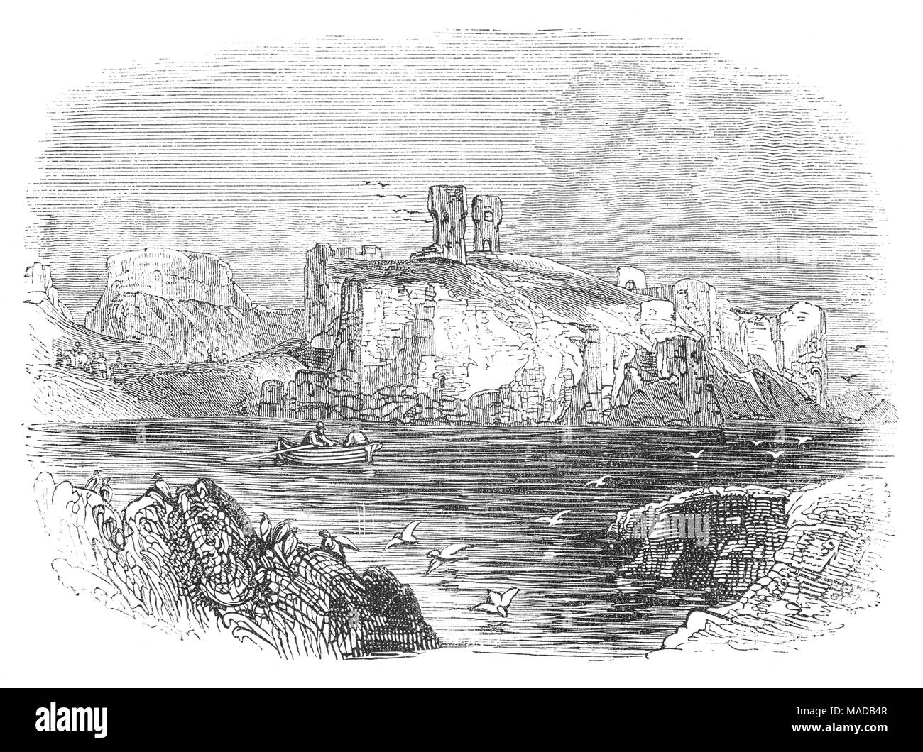 Dunbar Castle ist die Reste einer der stärksten Festungen in Schottland, in exponierter Lage mit Blick auf den Hafen der Stadt Dunbar, in East Lothian. Die erste steinerne Burg ist gedacht, um durch Gospatric, Earl von Northumbria in 1070 gebaut wurde nach seiner Verbannung aus England zu haben, nach der "erschütternden des Nordens', eine Reihe von Kampagnen von Wilhelm dem Eroberer im Winter 1069 geführt - 70 Nordengland zu unterwerfen. Stockfoto