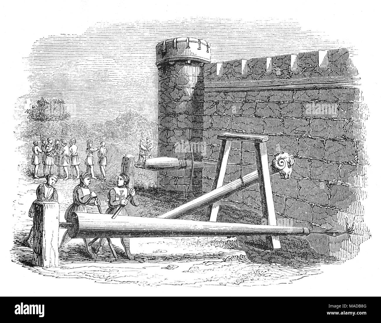 Mittelalterliche Kriegsführung I: eine Maschine aus dem 14. Jahrhundert für langweilige Löcher in Mauern verwendet werden, vor der Verwendung der Rammbock ein. 1 von 3 Skizzen. Stockfoto