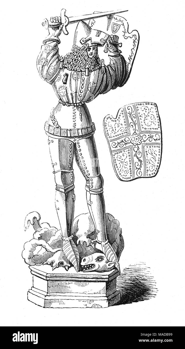 Eine Statue von St. George in der Kathedrale von Dijon, Hauptstadt der Côte-d'Or und der Bourgogne-Franche-Comté Region, Frankreich. Frühe Kreuzfahrer seliggesprochen ihn für ihre Erfolge und er wurde der Schutzpatron der Soldaten Stockfoto