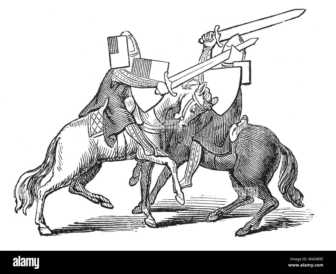 Ritter im Kampf während eines Turniers, ein Ritterlicher Wettbewerb oder mock Kampf in Europa im Mittelalter und in der Renaissance (12. bis 16. Jahrhundert). Mittig auf dem nahkampf, einen allgemeinen Kampf, an denen die Ritter in zwei Seiten unterteilt wurden und zusammen mit einer Gebühr. Turniere hatten ein Wiederaufleben der Popularität in England im 14. Jahrhundert während der Herrschaft von König Edward I und unter seinem Enkel, König Edward III während der Regierungszeit, Turniere, starb mit der zuletzt in England im Jahre 1342 in Dunstable, in Bedfordshire. Stockfoto