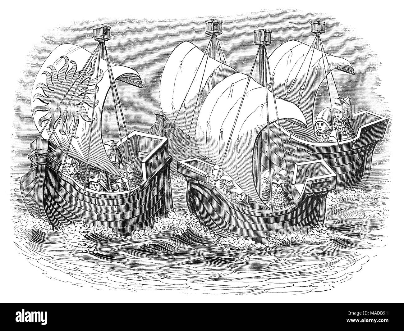 Seeschiffe in der Zeit von König Richard II. Er war der König von England von 1377, bis er am 30. September 1399 abgesetzt wurde. Richard, ein Sohn von Edward der schwarze Prinz, war in Bordeaux während der Herrschaft von seinem Großvater geboren, Edward III. Stockfoto