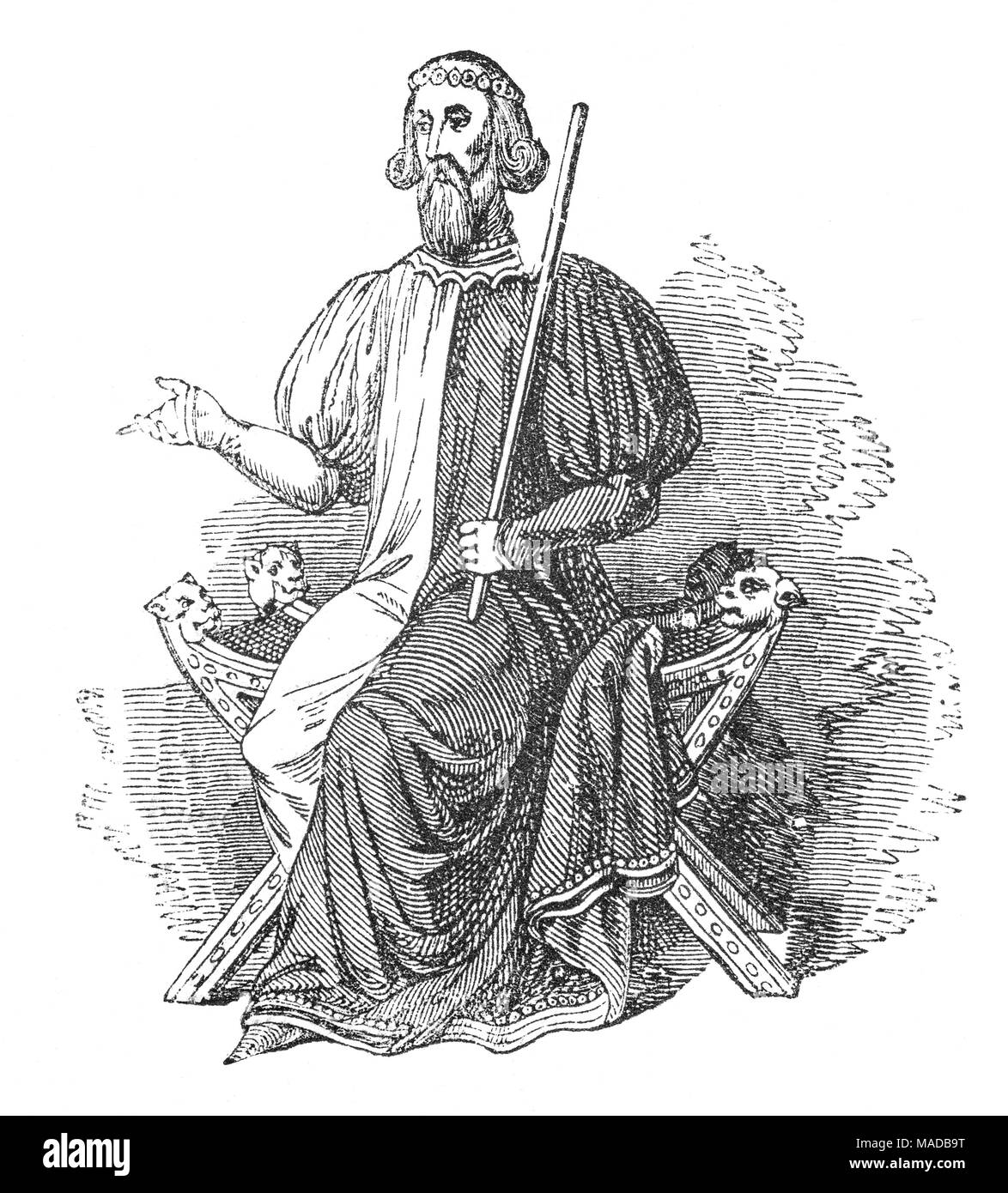 1. John von Gaunt, Herzog von Lancaster, (1340 - 1399) war ein englischer Edelmann und Mitglied des Hauses Plantagenet, der dritte von fünf überlebenden Söhne von König Edward III. von England und Philippa von Hennegau. Er wurde als "Johannes von Gaunt", da er in Gent geboren wurde, dann in englischer Sprache formuliert als Hagerer. Als jüngerer Bruder von Edward, der schwarze Prinz, John übte großen Einfluss auf den englischen Thron während der Minderheit von Edward's Sohn, König Richard II., und der darauf folgenden Perioden politischer Unruhen. Stockfoto