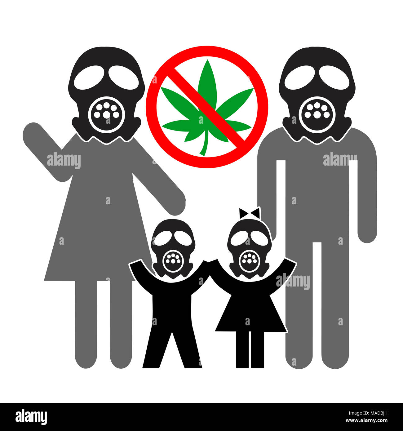 Familie mit Gasmasken gegen die Legalisierung von Cannabis aus gesundheitlichen Gründen, die eine Drogenbehandlung freie Zone für Ihre Kinder Stockfoto