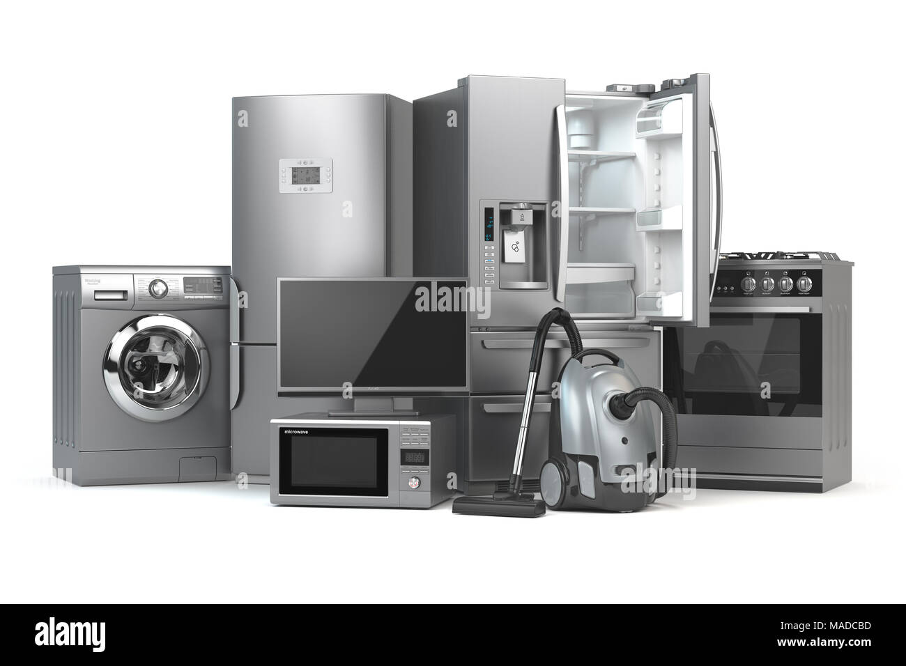 Home Appliances. Der Haushalt Küche Technik auf weißem Hintergrund. Kühlschrank, Gasherd, Mikrowelle, Waschmaschine und Staubsauger cleane Stockfoto