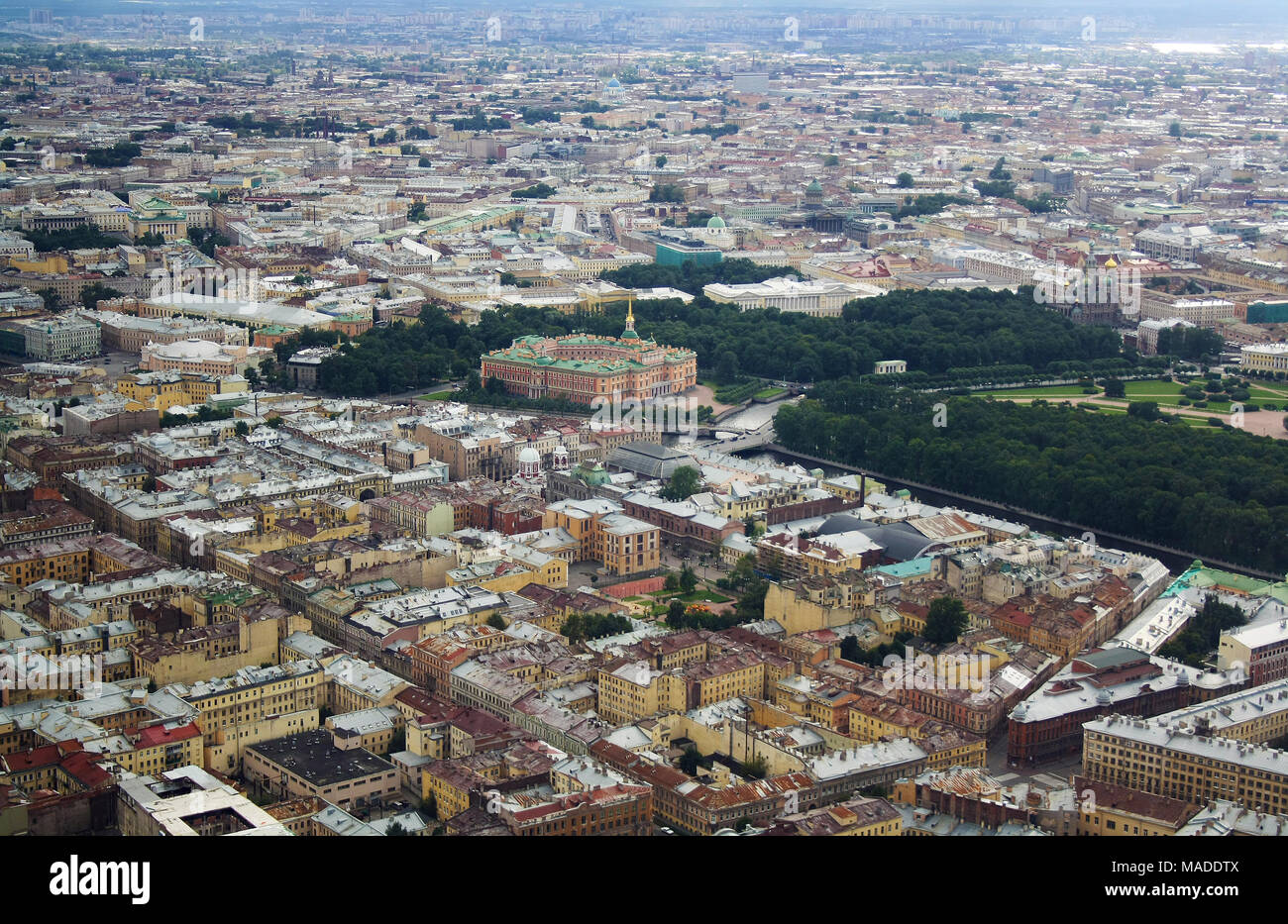 Aus der Vogelperspektive Die michailowski Schloss, der Garten und der Mars Quadrat in Sankt-Petersburg, Russland Stockfoto