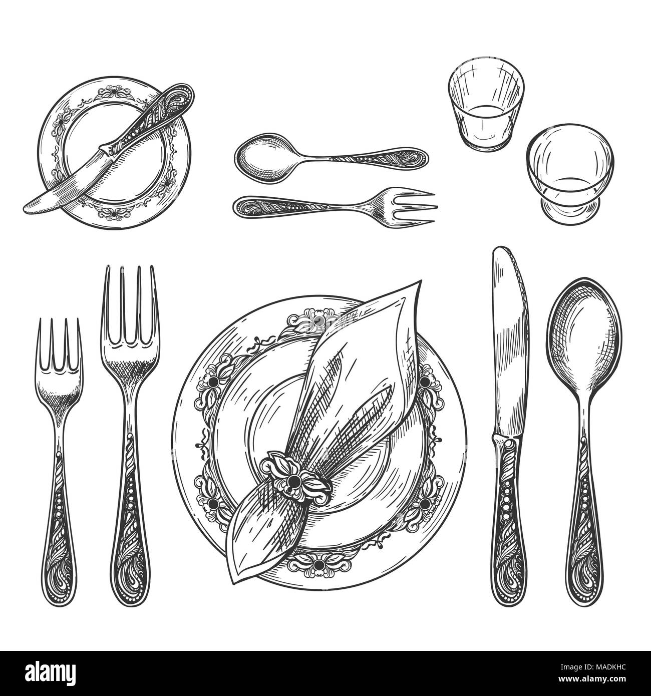 Tabelle der Zeichnung. Handzeichnung Geschirr mit Serviette in Ring und Platte, dekorative Messer und Gabel Skizze und Glas auf dem Tisch für Etikette formale Stock Vektor
