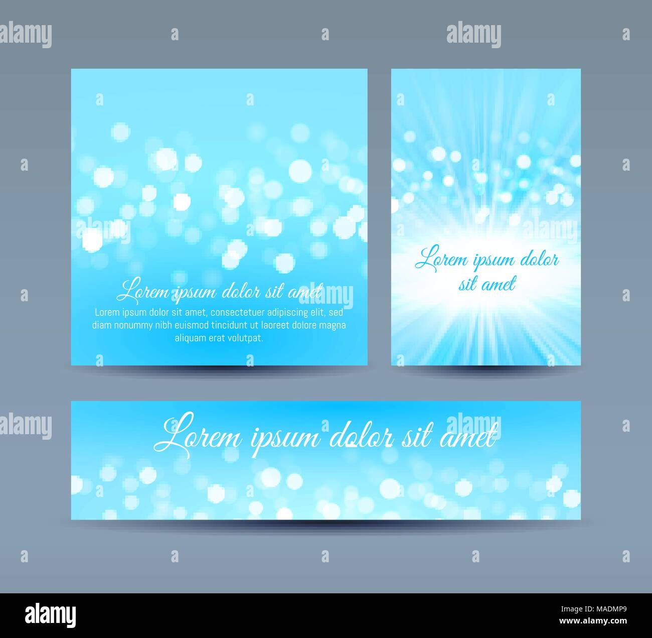 Vector Illustration von Einladungskarten im blauen Farben mit Bokeh leuchtet Stock Vektor