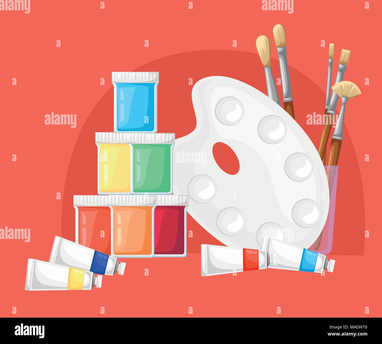 Paletten mit Pinsel, Farbe, Öl, Gouache. Sammlung für Maler. Vector Illustration auf roten Hintergrund. Webseite und mobile App Design. Stock Vektor