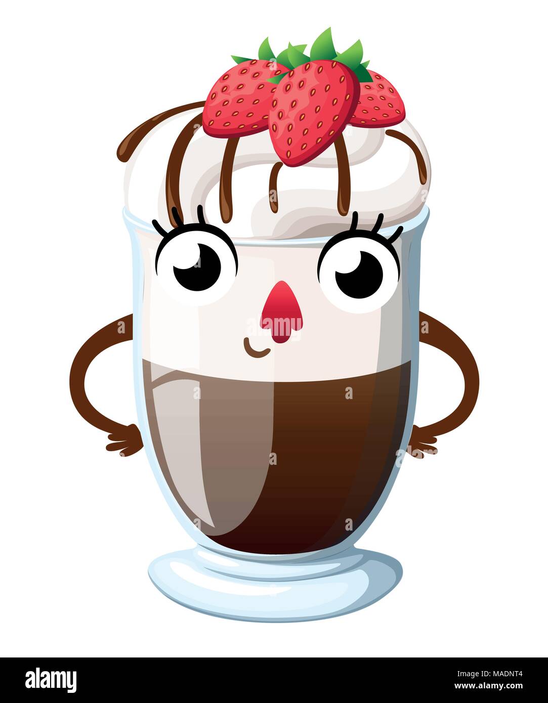 Heiße Schokolade mit Sahne und Erdbeeren. Cartoon Stil Charakter Design. Maskottchen mit lächelndes Gesicht. Vector Illustration auf weißen Hinterg isoliert Stock Vektor