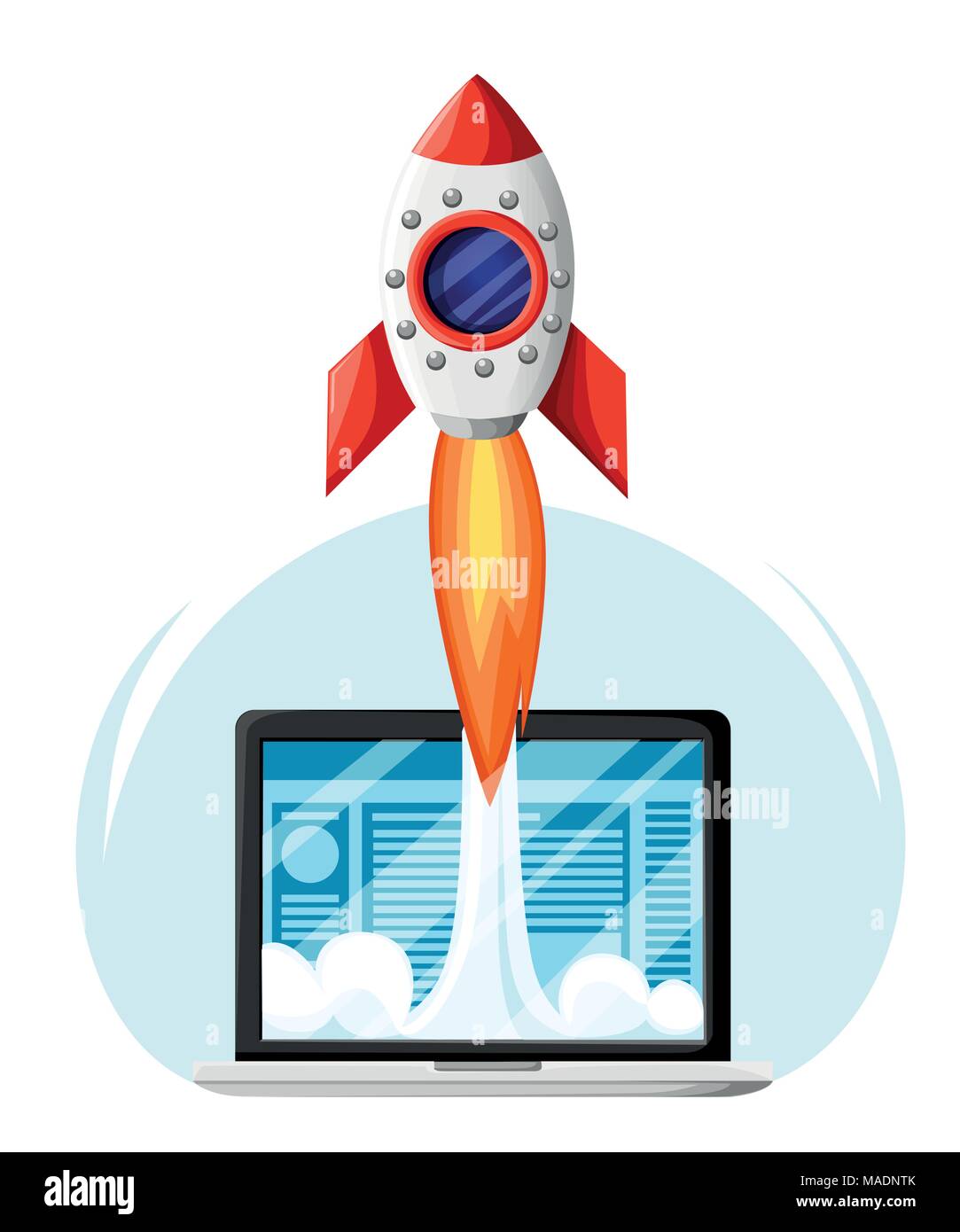Erfolgreicher Start Business Konzept. Laptop mit Rakete starten. Business Projekt Entwicklung, Web site Förderung. Vector Illustration im flachen Stil. Web Stock Vektor