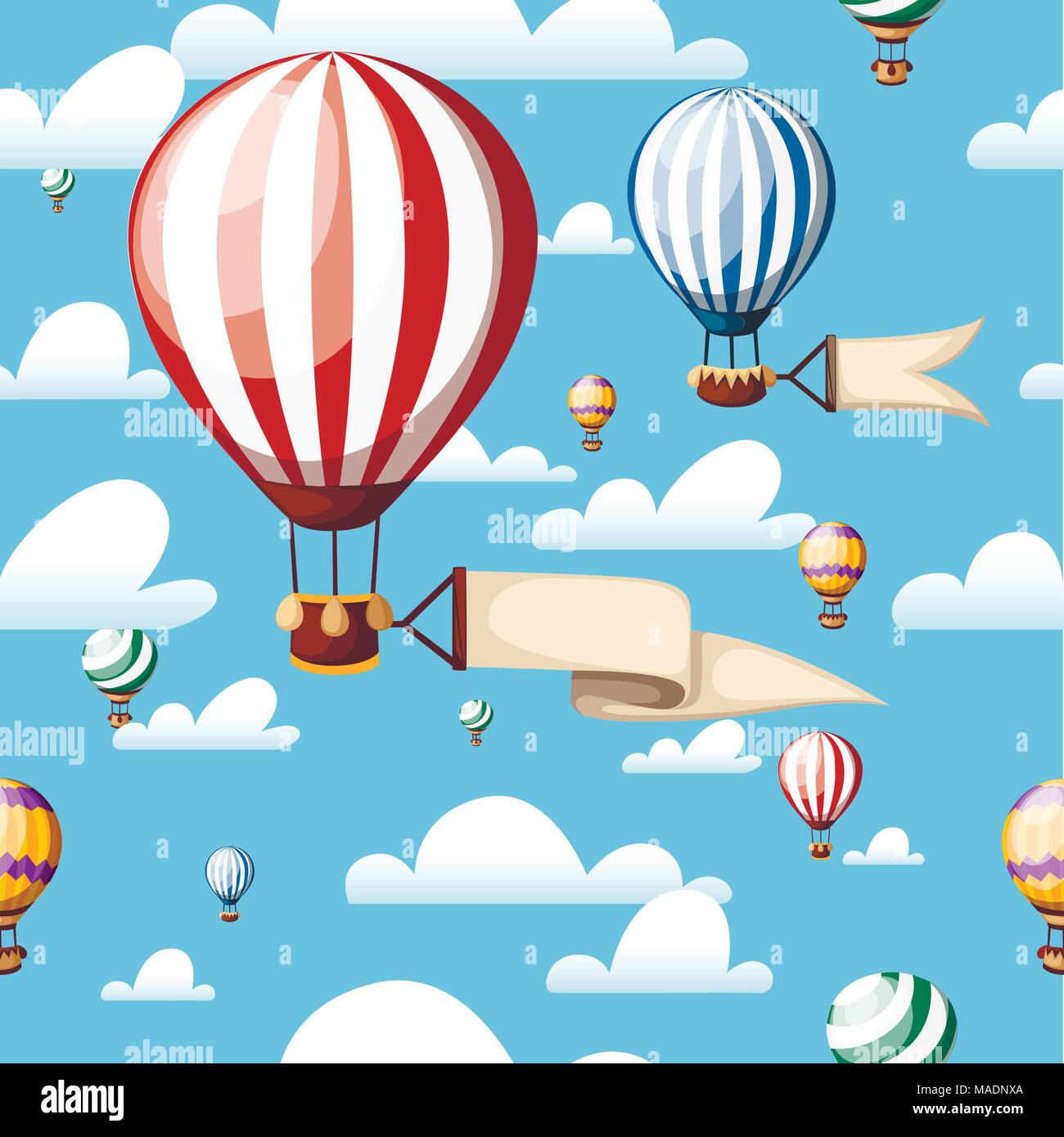 Nahtlose Muster. Heißluftballons. Red Balloon mit Band auf den blauen Himmel. Vector Illustration isoliert mit Wolken im Hintergrund. Website Seite und Stock Vektor