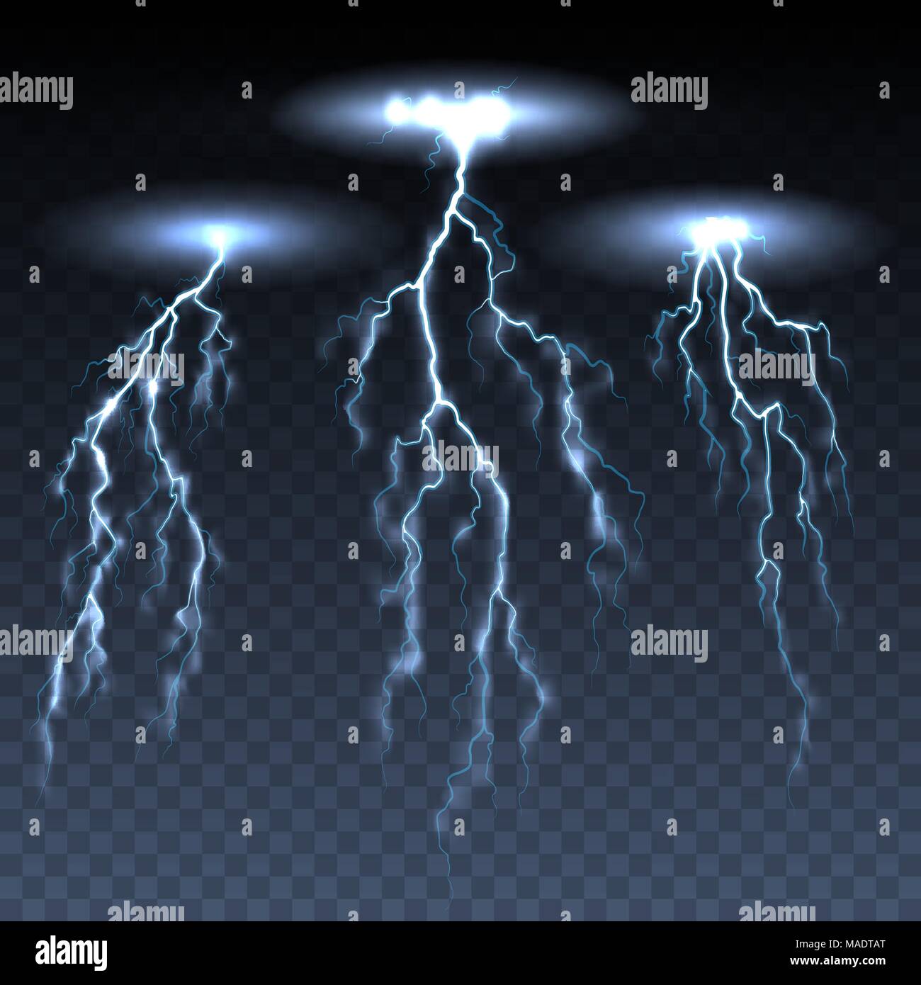 Thunderbolts. Vektor Sturm Electric Lightning Thunder Schrauben auf dunklen transparenten Hintergrund isoliert Stock Vektor