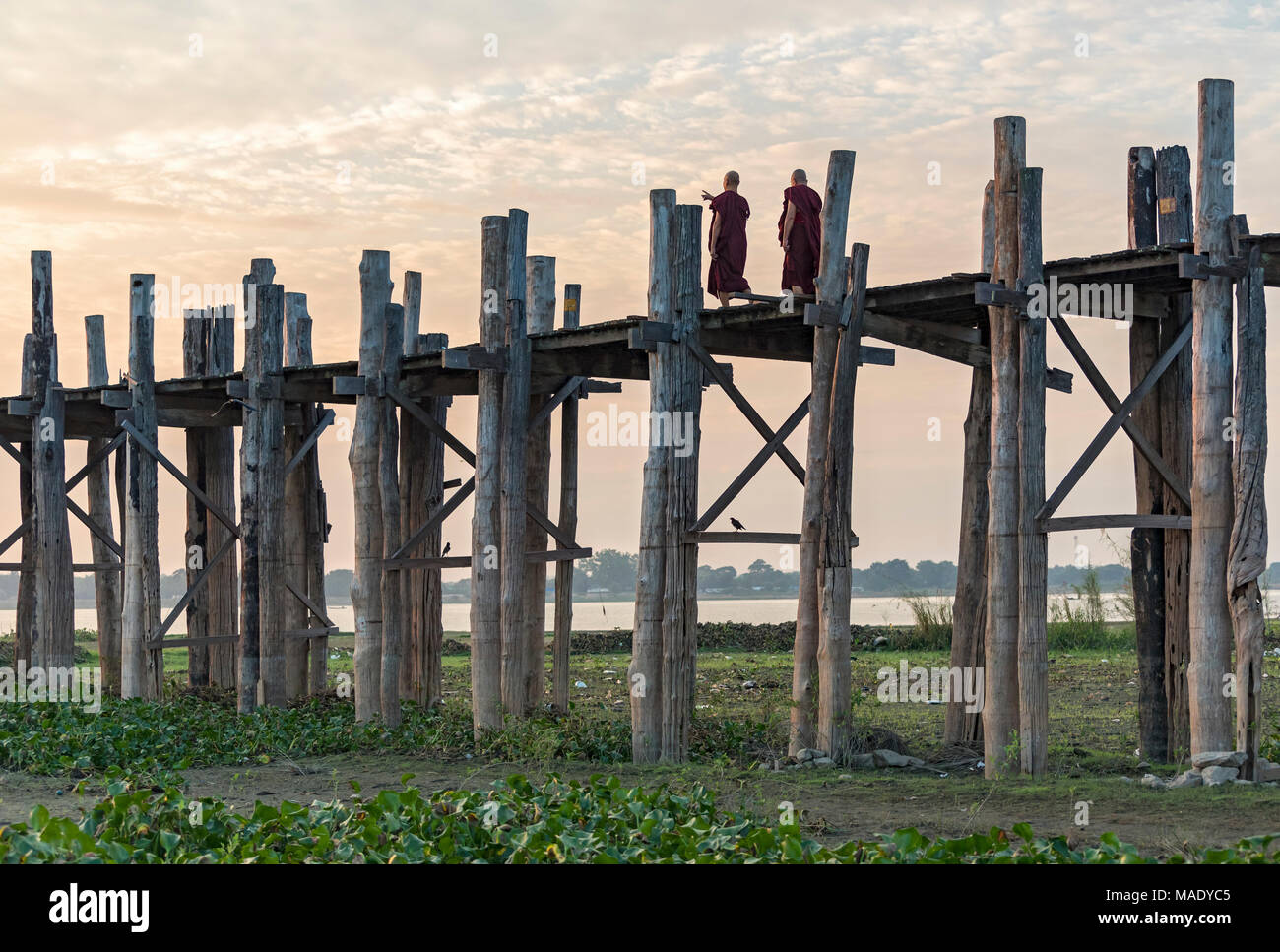 Buddhistische Mönche gehen Sie auf die U-Bein Brücke in Amarapura in der Nähe von Mandalay, Burma (Myanmar) Stockfoto