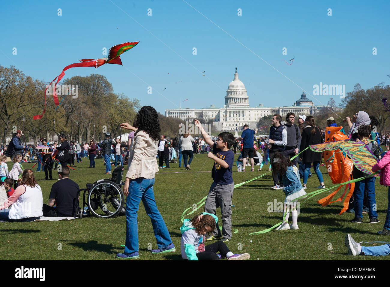 Die Menschen genießen Sie bei schönem Wetter auf der jährlichen Smithsonian Kite Festival Festival in Washington DC mit dem Kapitol Gebäude im Hintergrund. Foto Datum: Samstag, 31. März 2018. Foto: Roger Garfield/Alamy Stockfoto