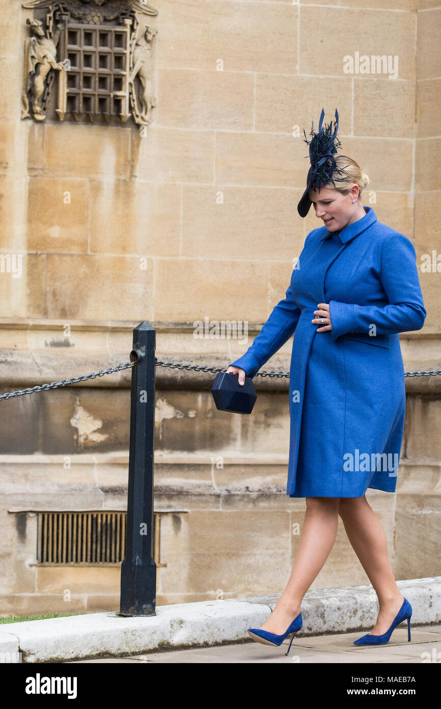 Windsor, Großbritannien. Der 1. April 2018. Zara Tindall kommt der Ostersonntag Service in der St. George's Chapel in Windsor Castle zu besuchen. Credit: Mark Kerrison/Alamy leben Nachrichten Stockfoto