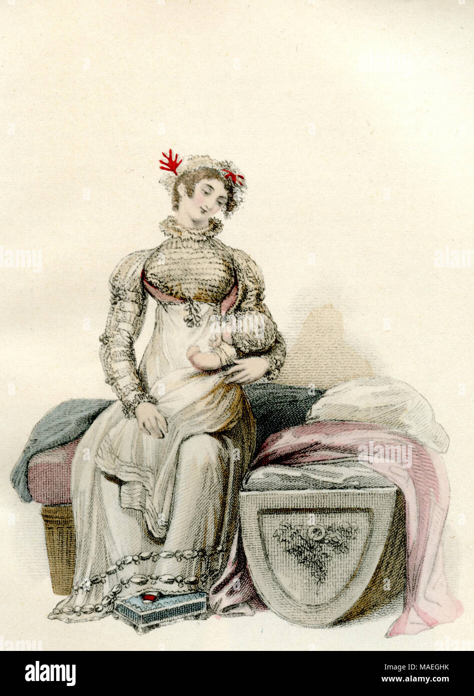 Damenmode: Mutter mit Baby von La Belle Assemblé, London, 1814,, erstellt, veröffentlicht. Stockfoto